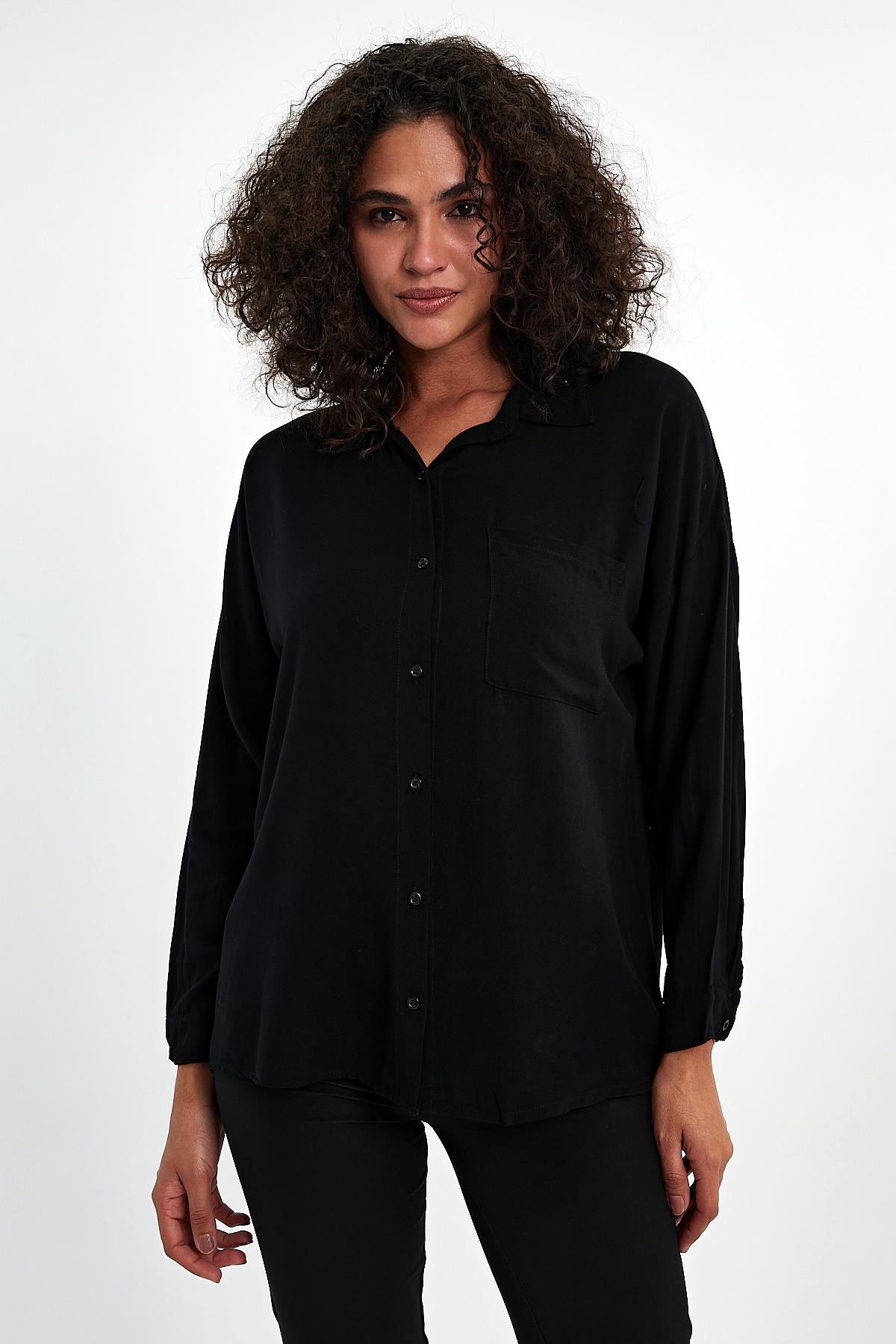 FİHA/3040-KADIN OVERSIZE POPLİN GÖMLEK - SİYAH