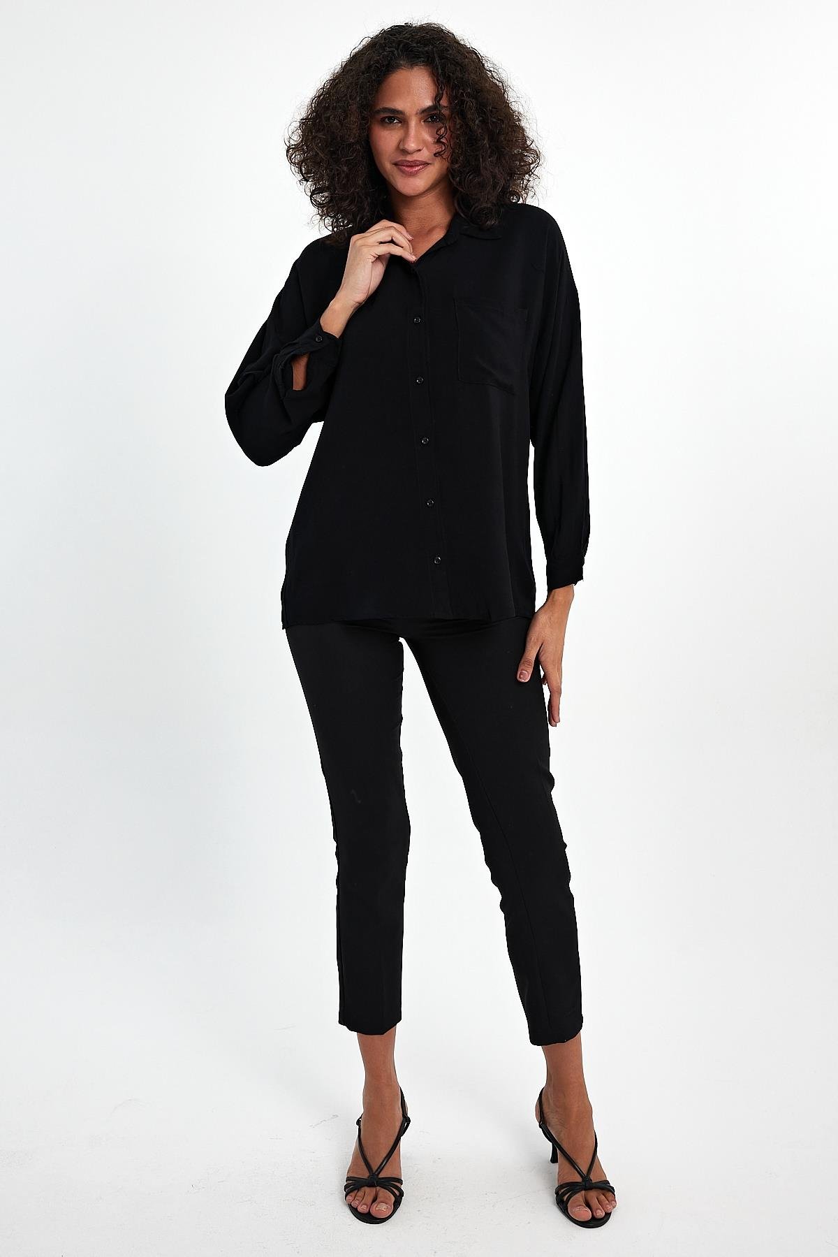 FİHA/3040-KADIN OVERSIZE POPLİN GÖMLEK - SİYAH