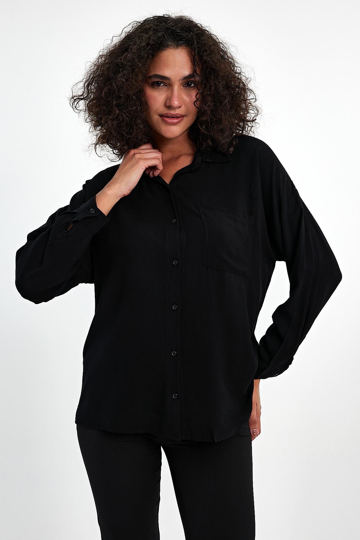 FİHA/3040-KADIN OVERSIZE POPLİN GÖMLEK - SİYAH