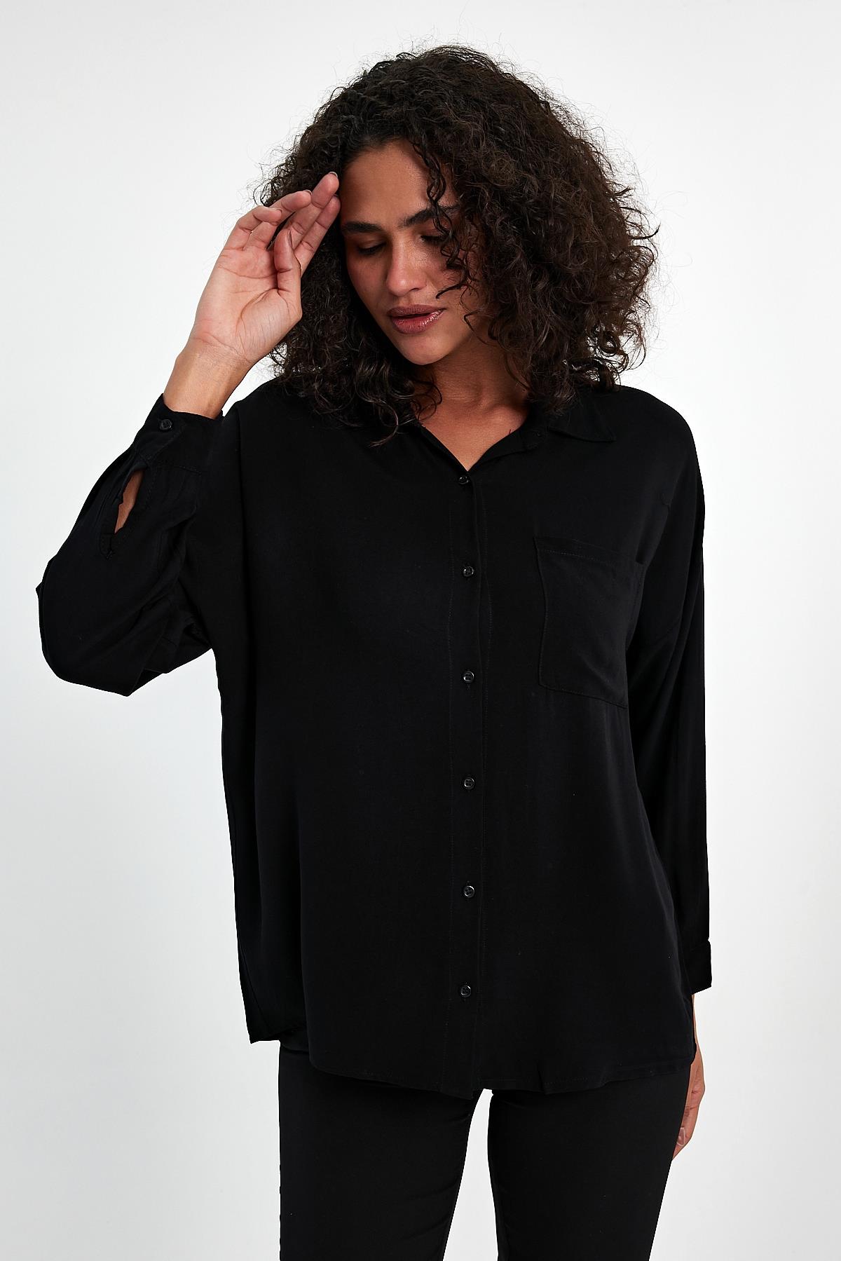 FİHA/3040-KADIN OVERSIZE POPLİN GÖMLEK - SİYAH