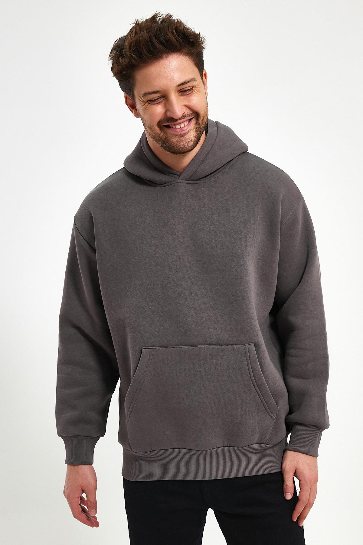 FİHA/5019-UNISEX 3 İPLİK ŞARDONLU KAPŞONLU SWEAT - DARK GULL GREY