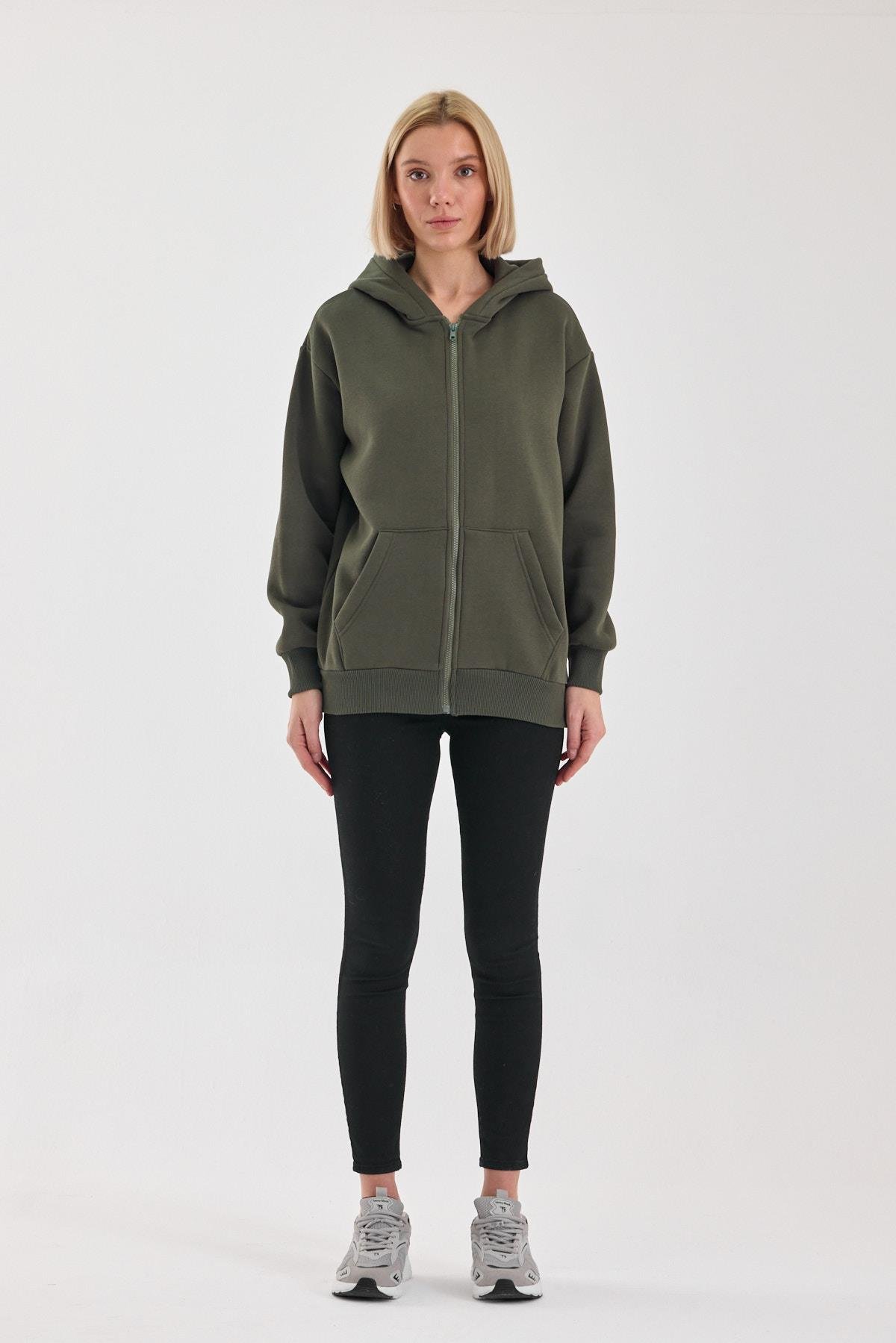 FİHA/5026-UNISEX ŞARDONLU OVERSIZE FERMUARLI KAPŞONLU SWEAT - HAKİ
