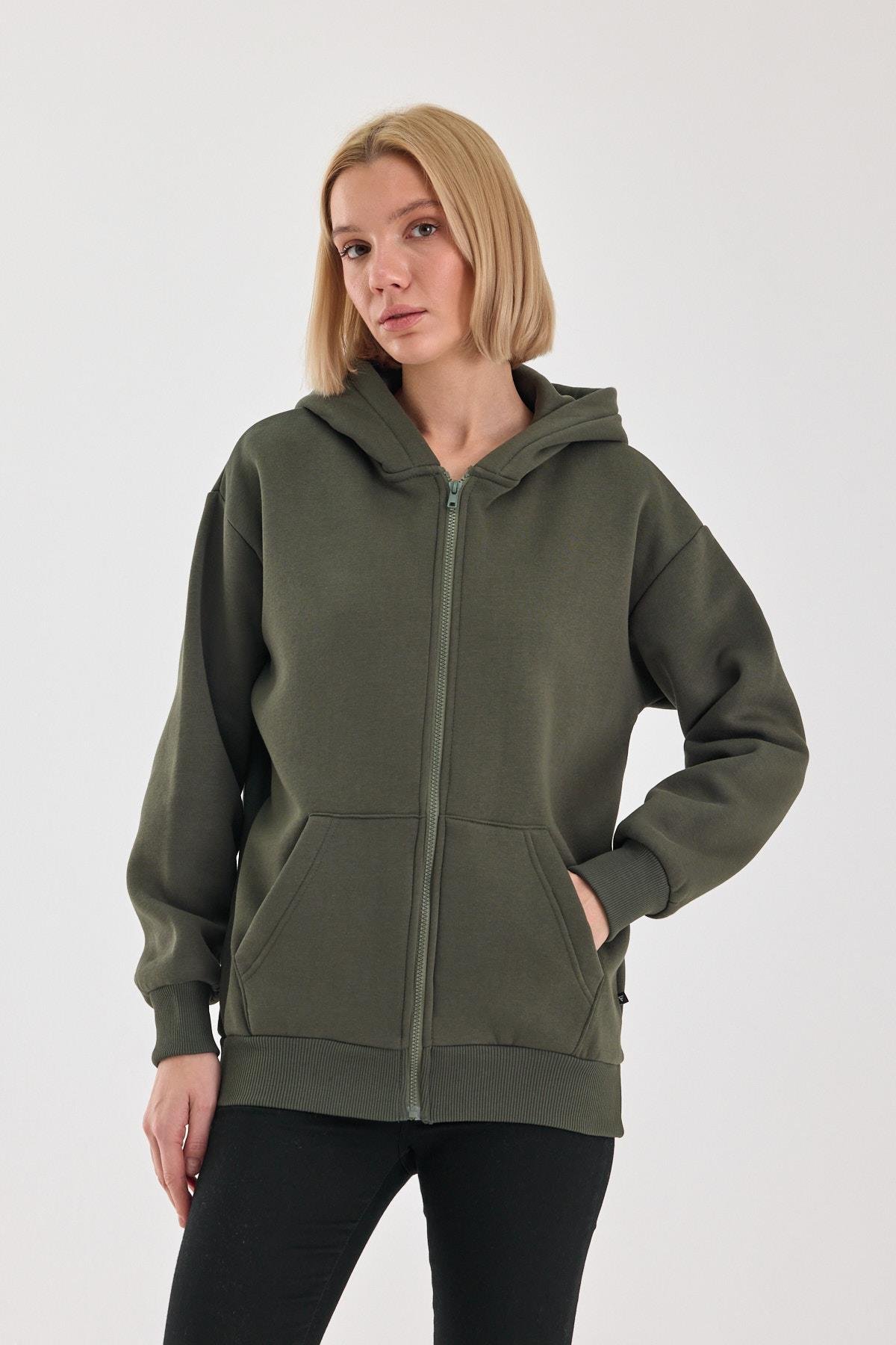 FİHA/5026-UNISEX ŞARDONLU OVERSIZE FERMUARLI KAPŞONLU SWEAT - HAKİ