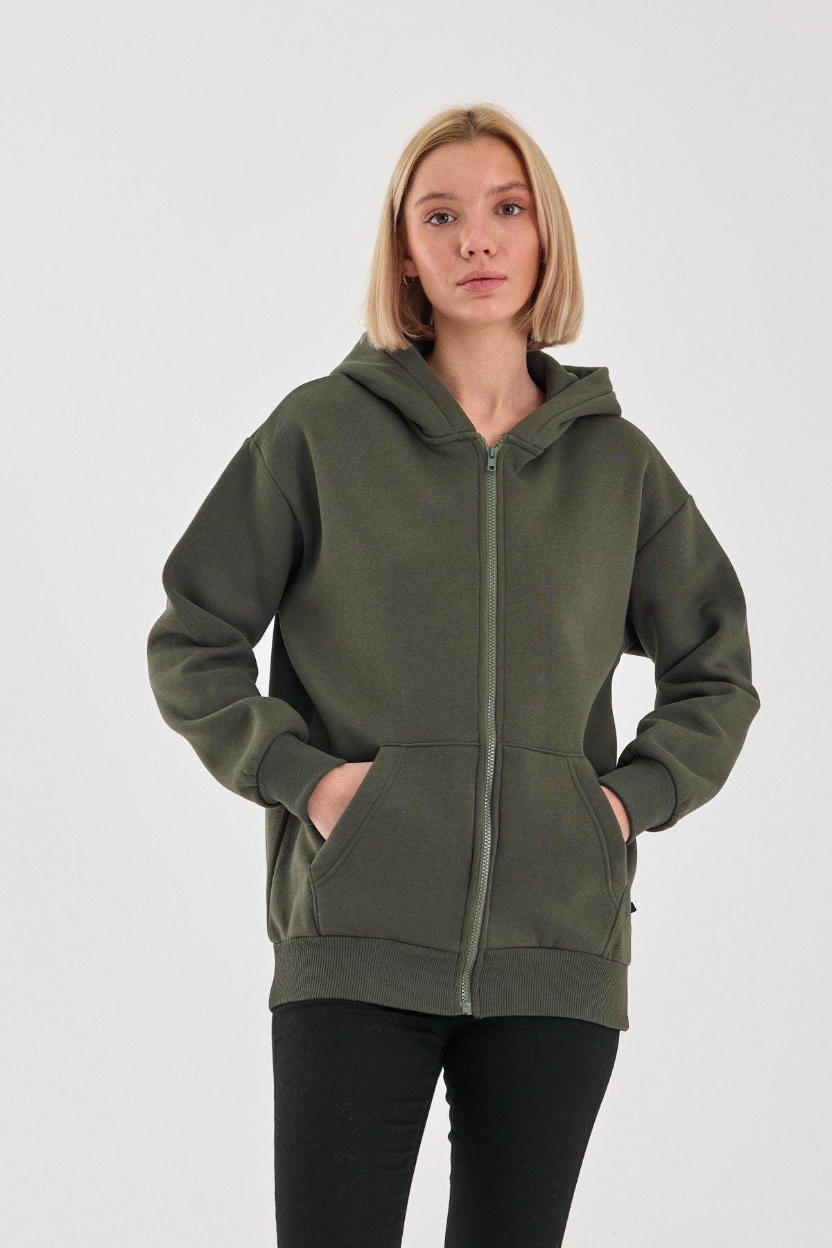 FİHA/5026-UNISEX ŞARDONLU OVERSIZE FERMUARLI KAPŞONLU SWEAT - HAKİ