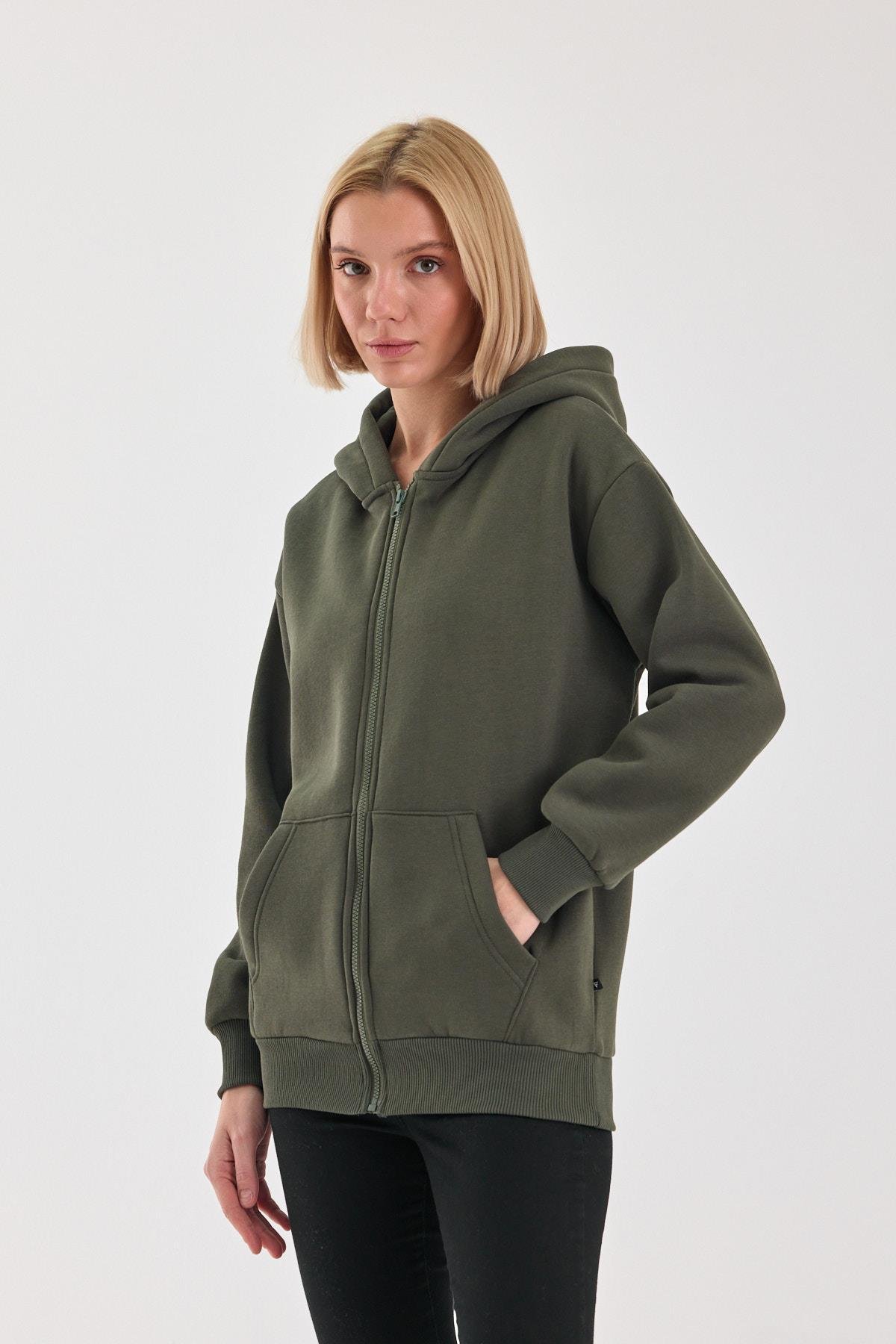 FİHA/5026-UNISEX ŞARDONLU OVERSIZE FERMUARLI KAPŞONLU SWEAT - HAKİ