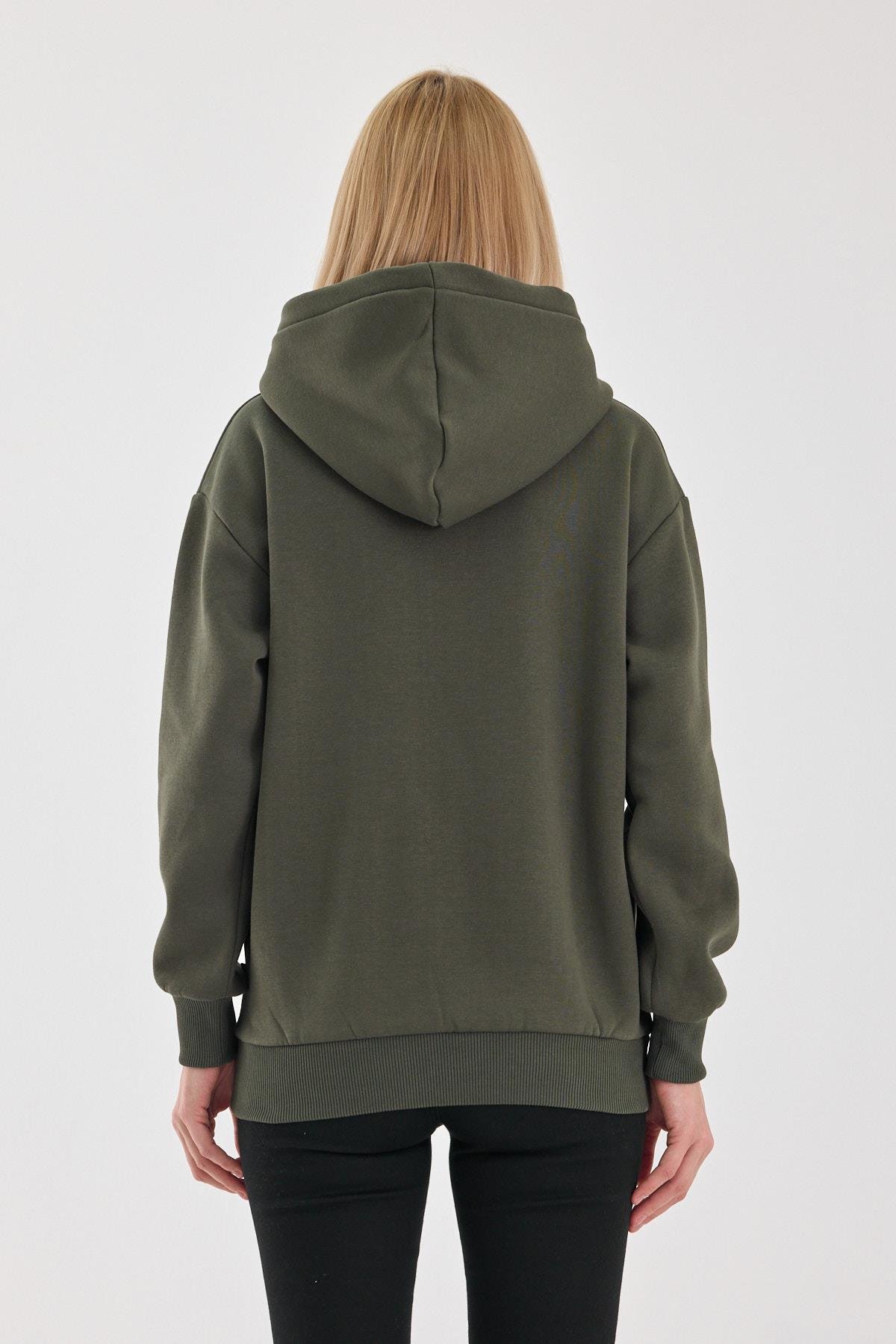 FİHA/5026-UNISEX ŞARDONLU OVERSIZE FERMUARLI KAPŞONLU SWEAT - HAKİ