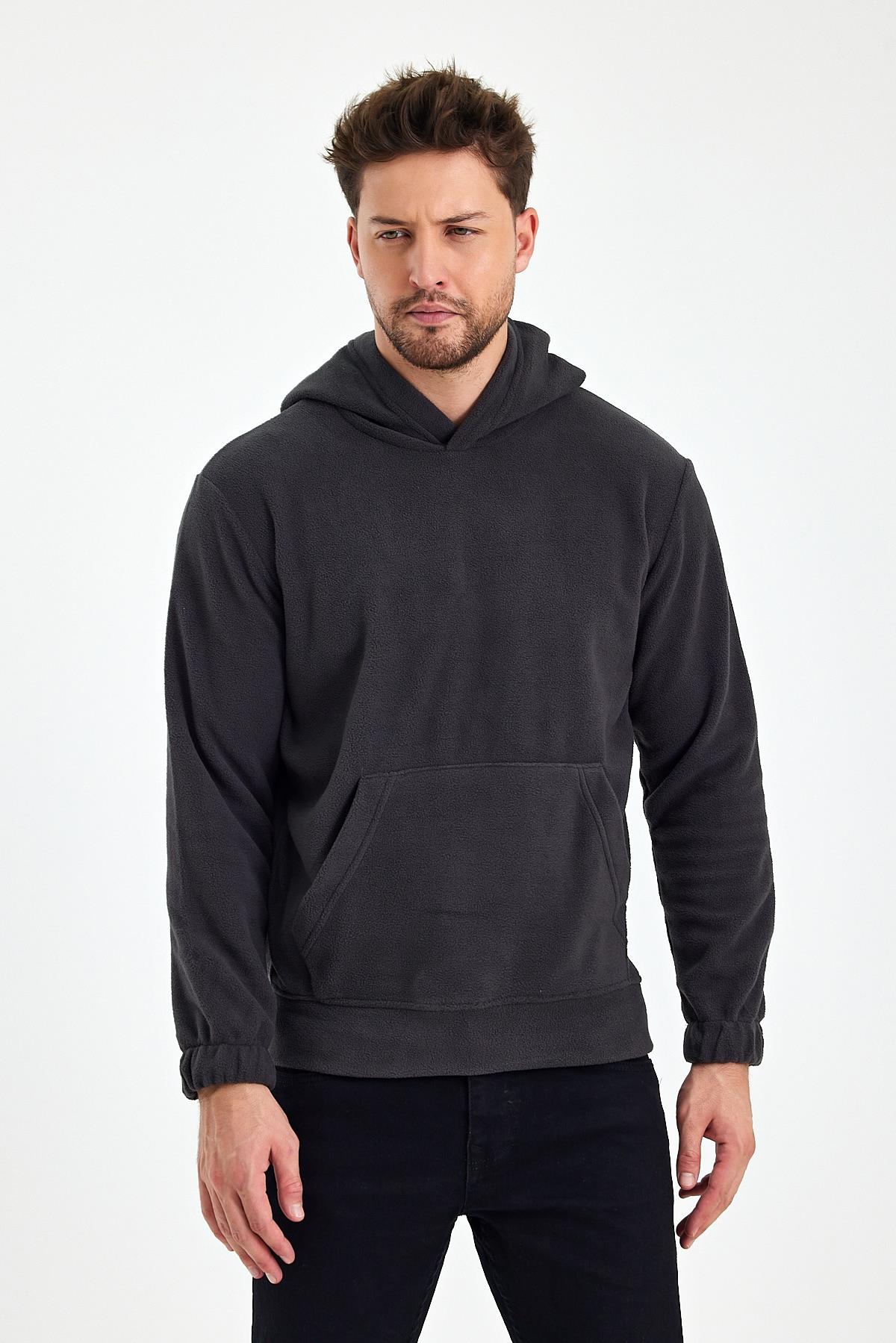FİHA/8811-ERKEK POLAR KAPŞONLU KANGURU CEPLİ SWEAT - FÜME