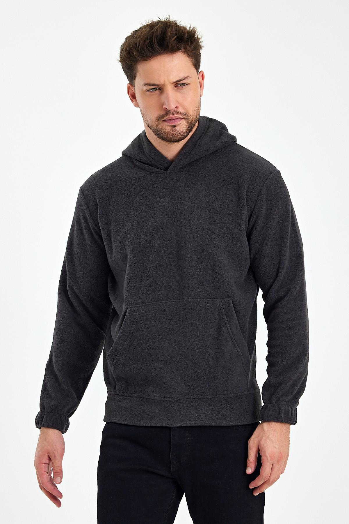 FİHA/8811-ERKEK POLAR KAPŞONLU KANGURU CEPLİ SWEAT - FÜME