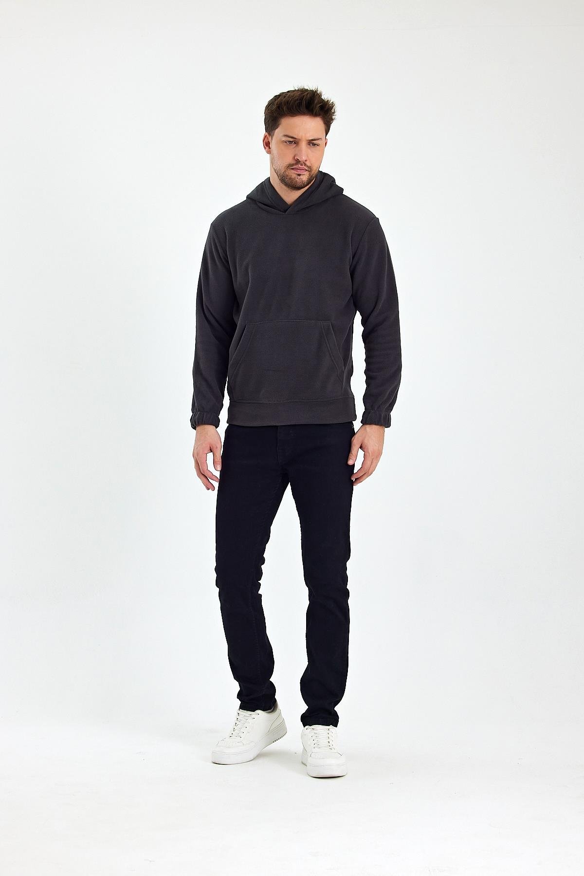 FİHA/8811-ERKEK POLAR KAPŞONLU KANGURU CEPLİ SWEAT - FÜME