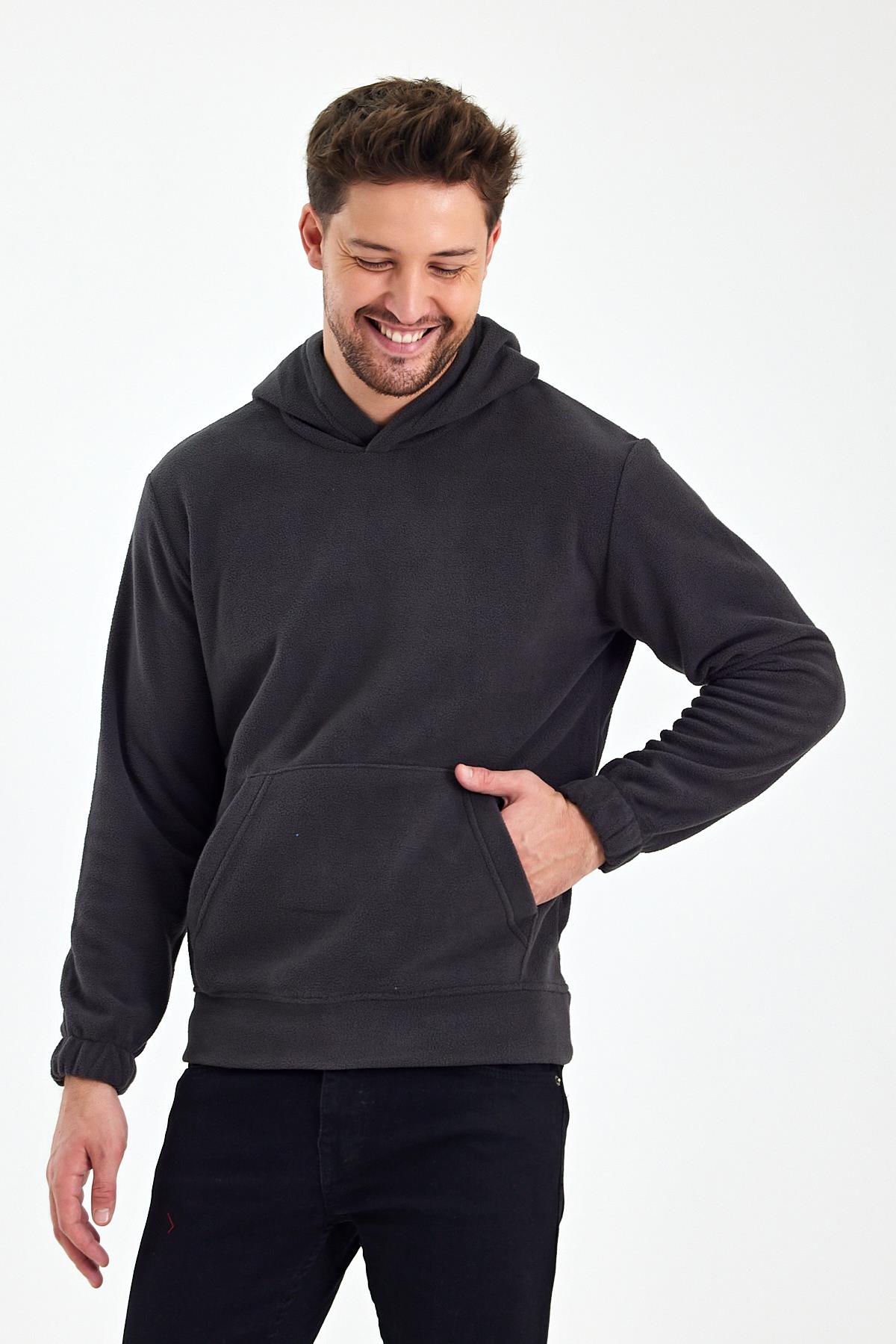 FİHA/8811-ERKEK POLAR KAPŞONLU KANGURU CEPLİ SWEAT - FÜME