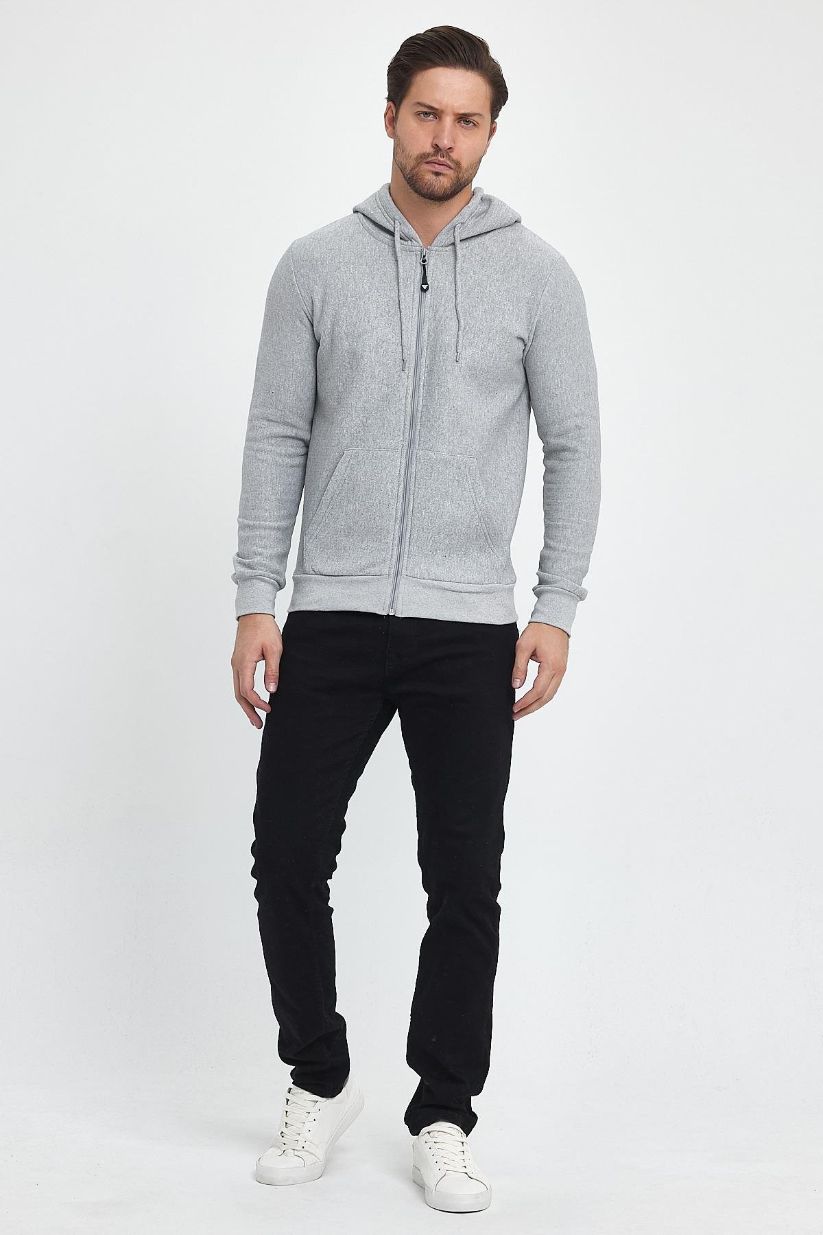 FİHA/8861-ERKEK FERMUARLI KAPŞONLU ŞARDONLU SWEAT - GRİ