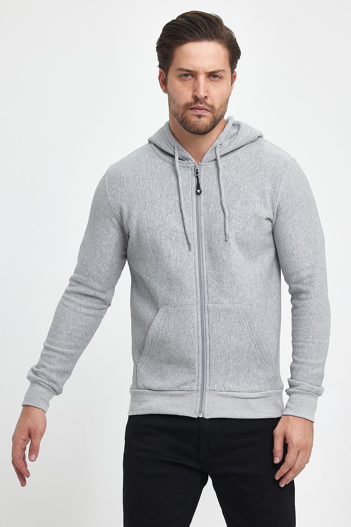 FİHA/8861-ERKEK FERMUARLI KAPŞONLU ŞARDONLU SWEAT - GRİ