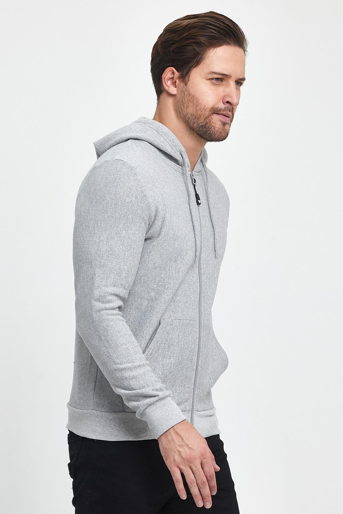 FİHA/8861-ERKEK FERMUARLI KAPŞONLU ŞARDONLU SWEAT - GRİ