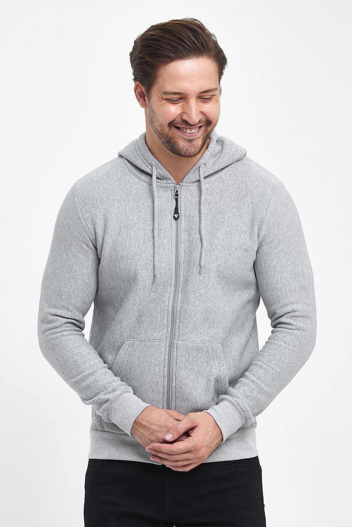 FİHA/8861-ERKEK FERMUARLI KAPŞONLU ŞARDONLU SWEAT - GRİ