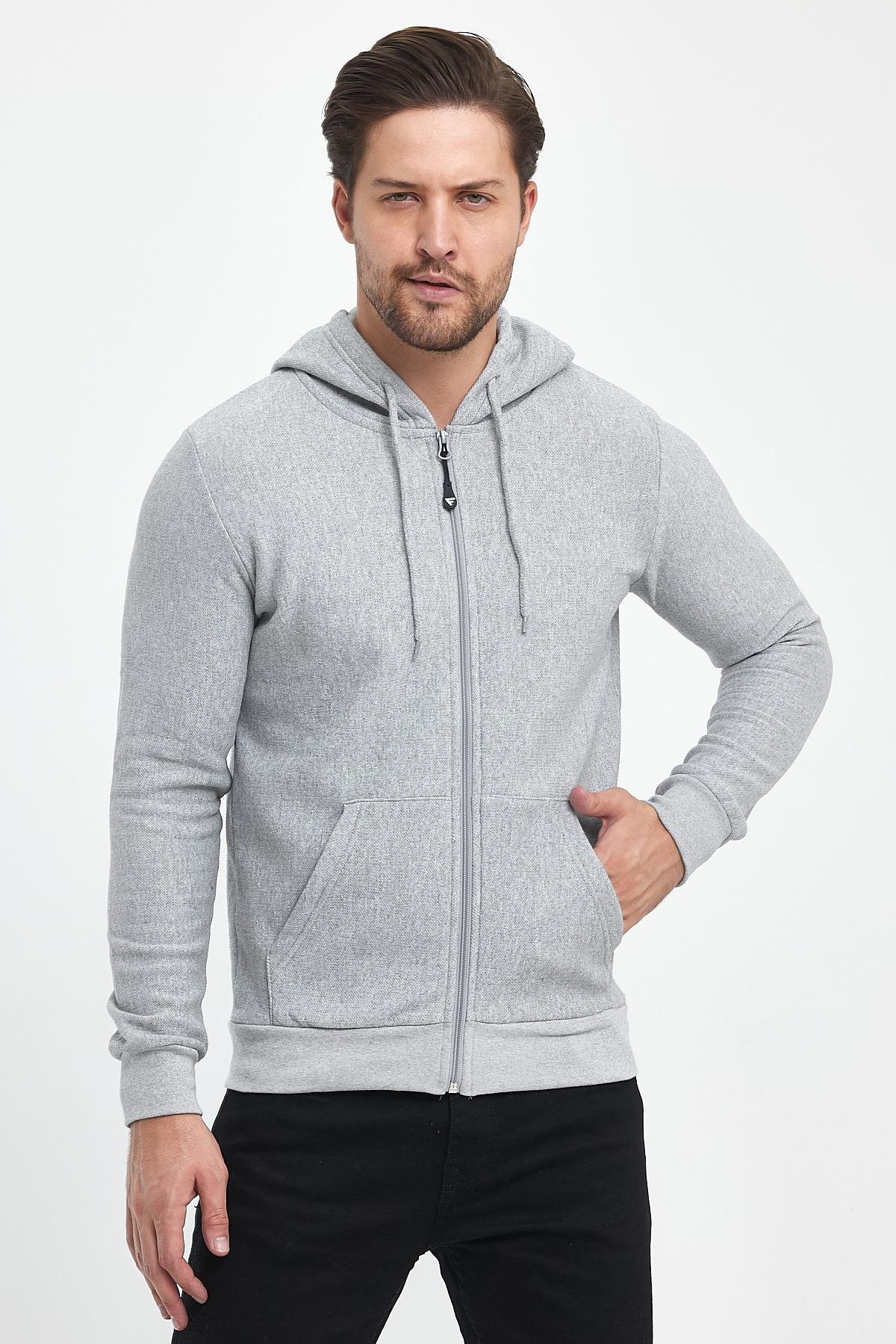 FİHA/8861-ERKEK FERMUARLI KAPŞONLU ŞARDONLU SWEAT - GRİ