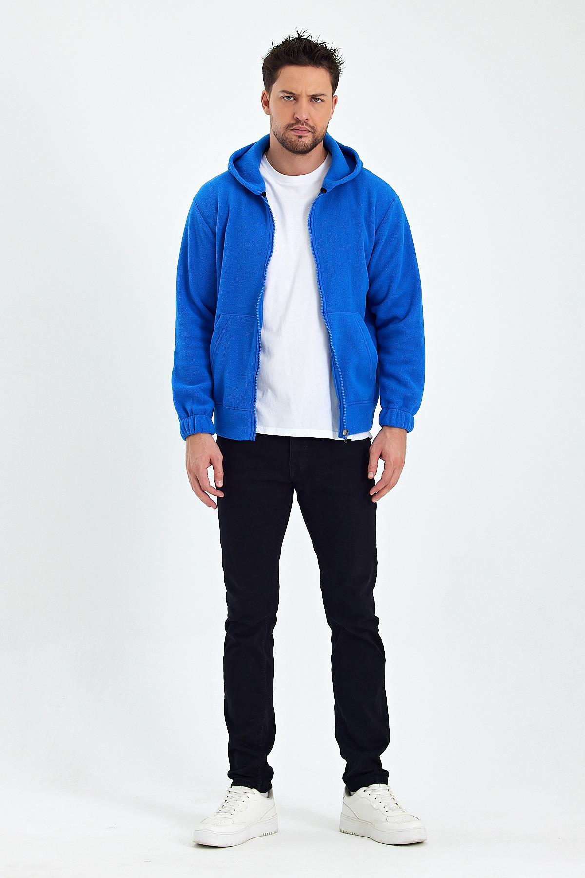 FİHA/8967-ERKEK POLAR FERMUARLI KOLU LASTIKLI SWEAT - MAVİ