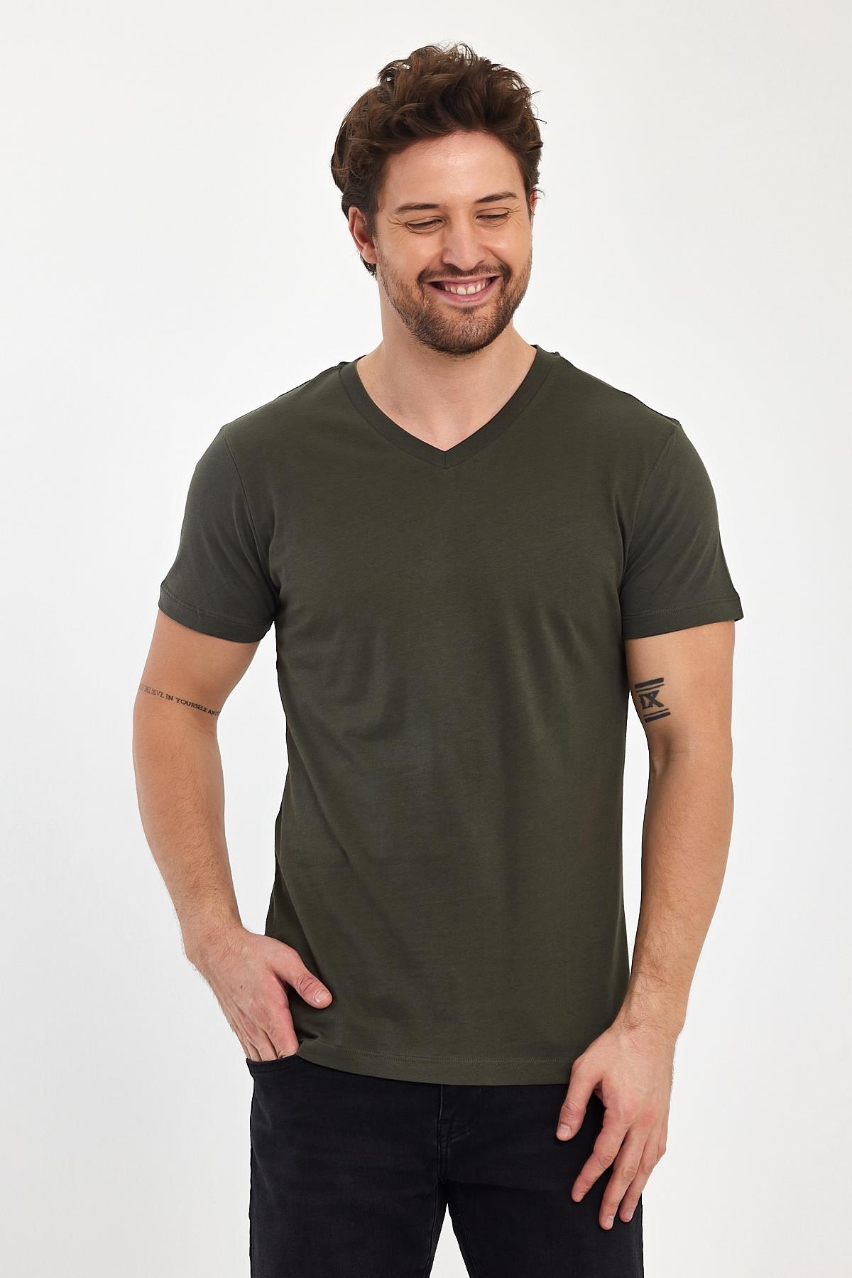 FİHA/9035-ERKEK COMPACT PENYE V YAKA T-SHIRT - HAKİ