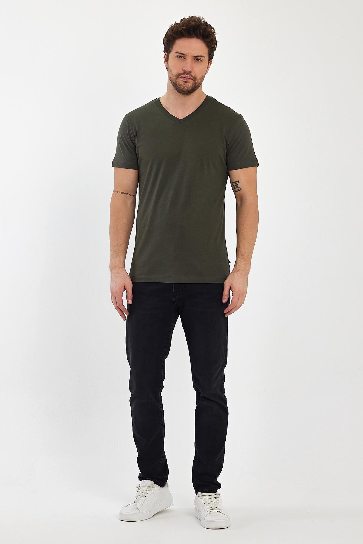 FİHA/9035-ERKEK COMPACT PENYE V YAKA T-SHIRT - HAKİ