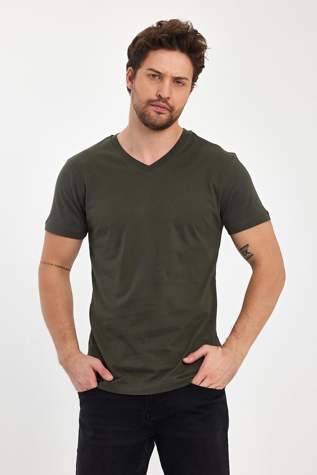 FİHA/9035-ERKEK COMPACT PENYE V YAKA T-SHIRT - HAKİ