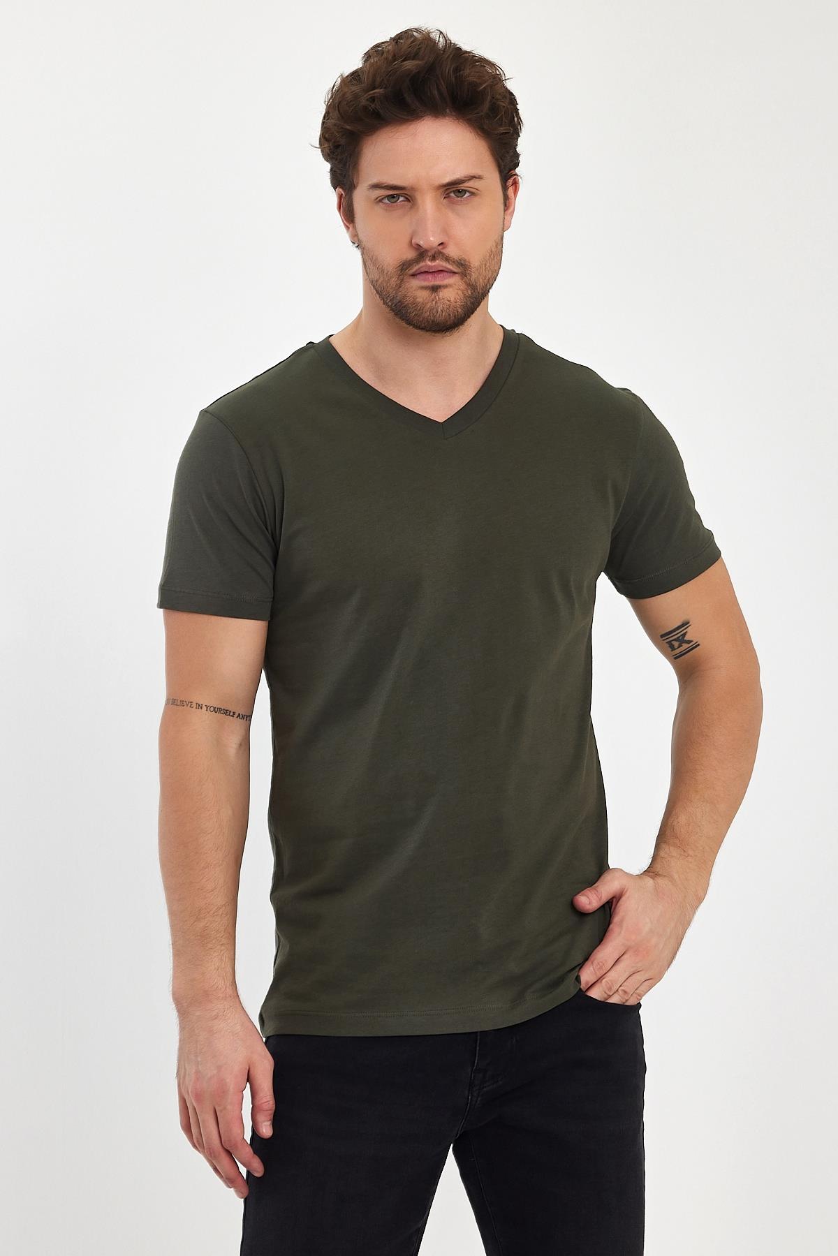 FİHA/9035-ERKEK COMPACT PENYE V YAKA T-SHIRT - HAKİ