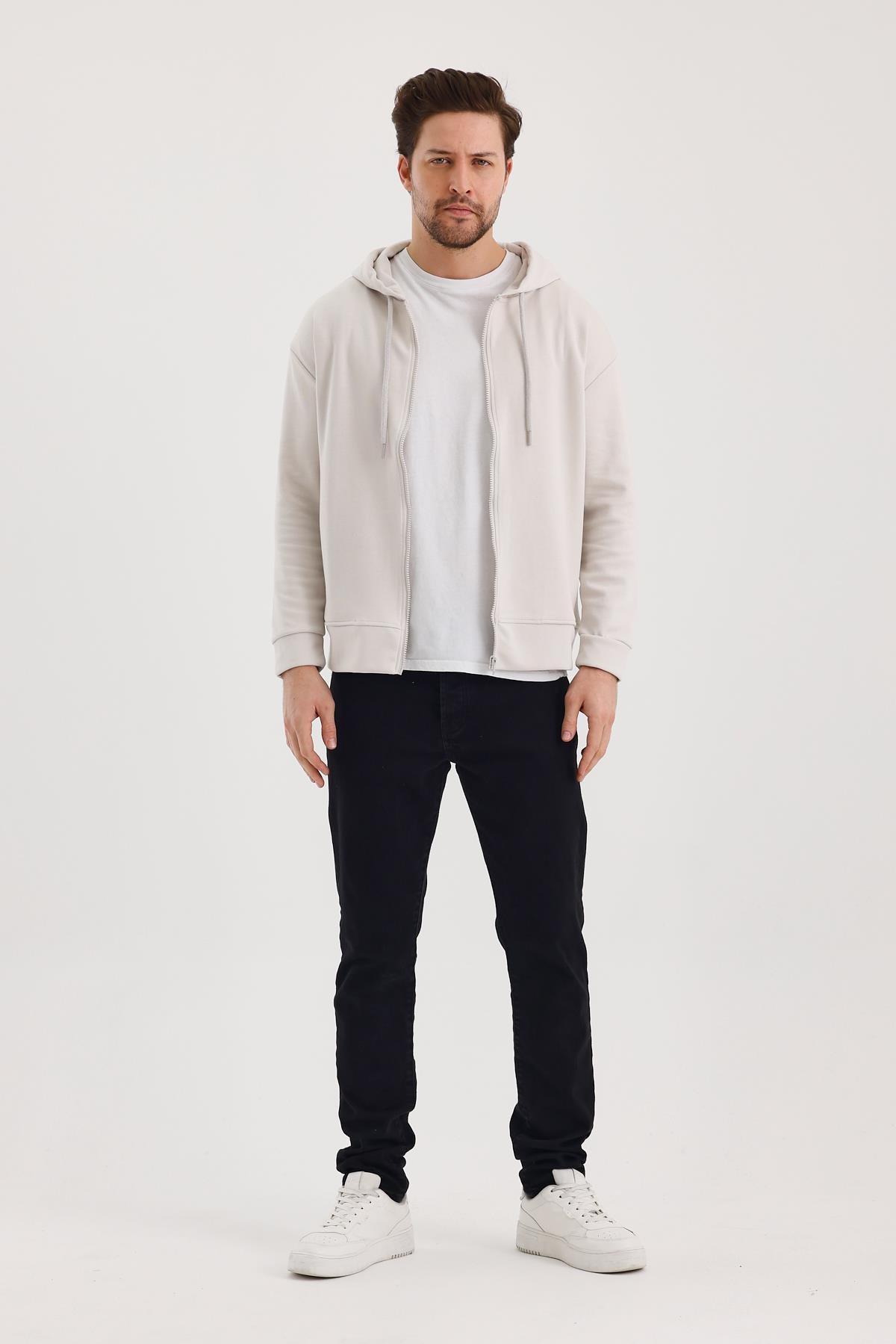 FİHA/9108-UNISEX KAPŞONLU FERMUARLI YANDAN GİRME CEPLİ SWEAT - TAŞ