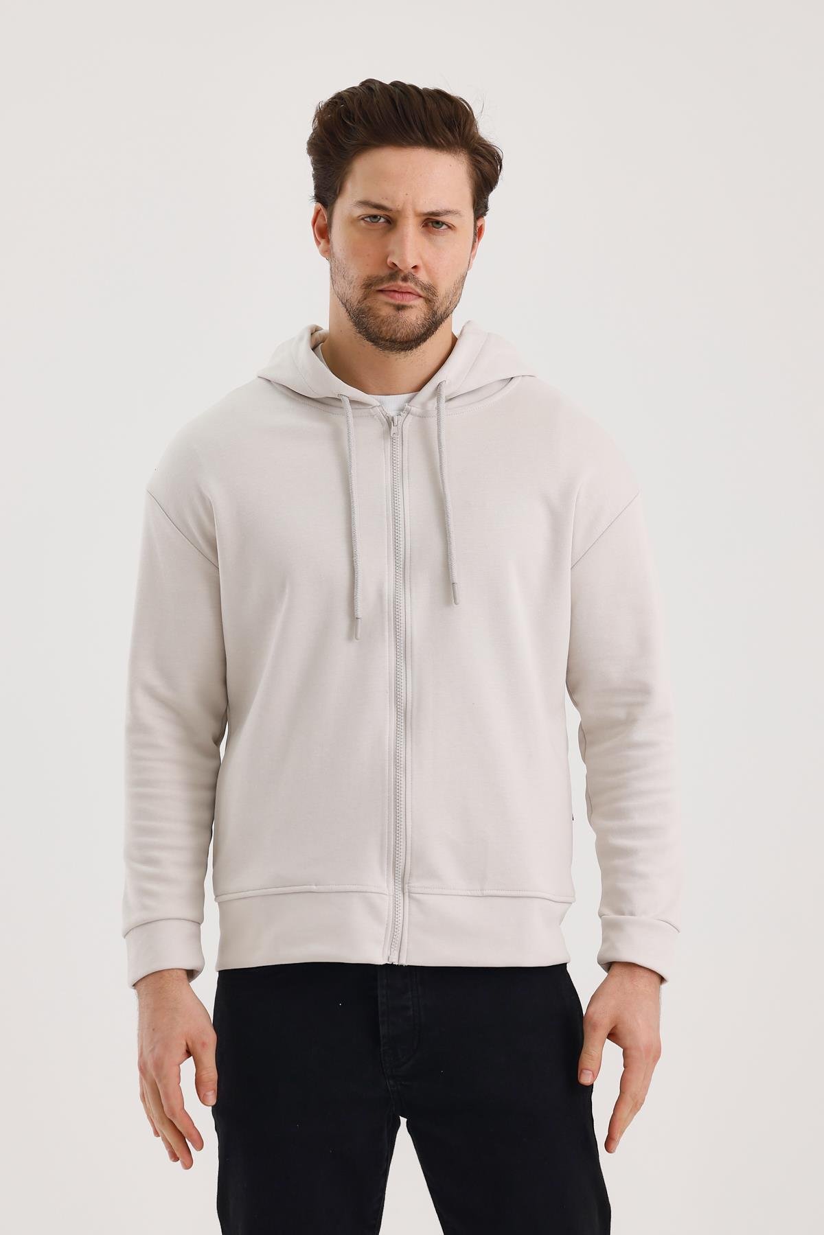 FİHA/9108-UNISEX KAPŞONLU FERMUARLI YANDAN GİRME CEPLİ SWEAT - TAŞ