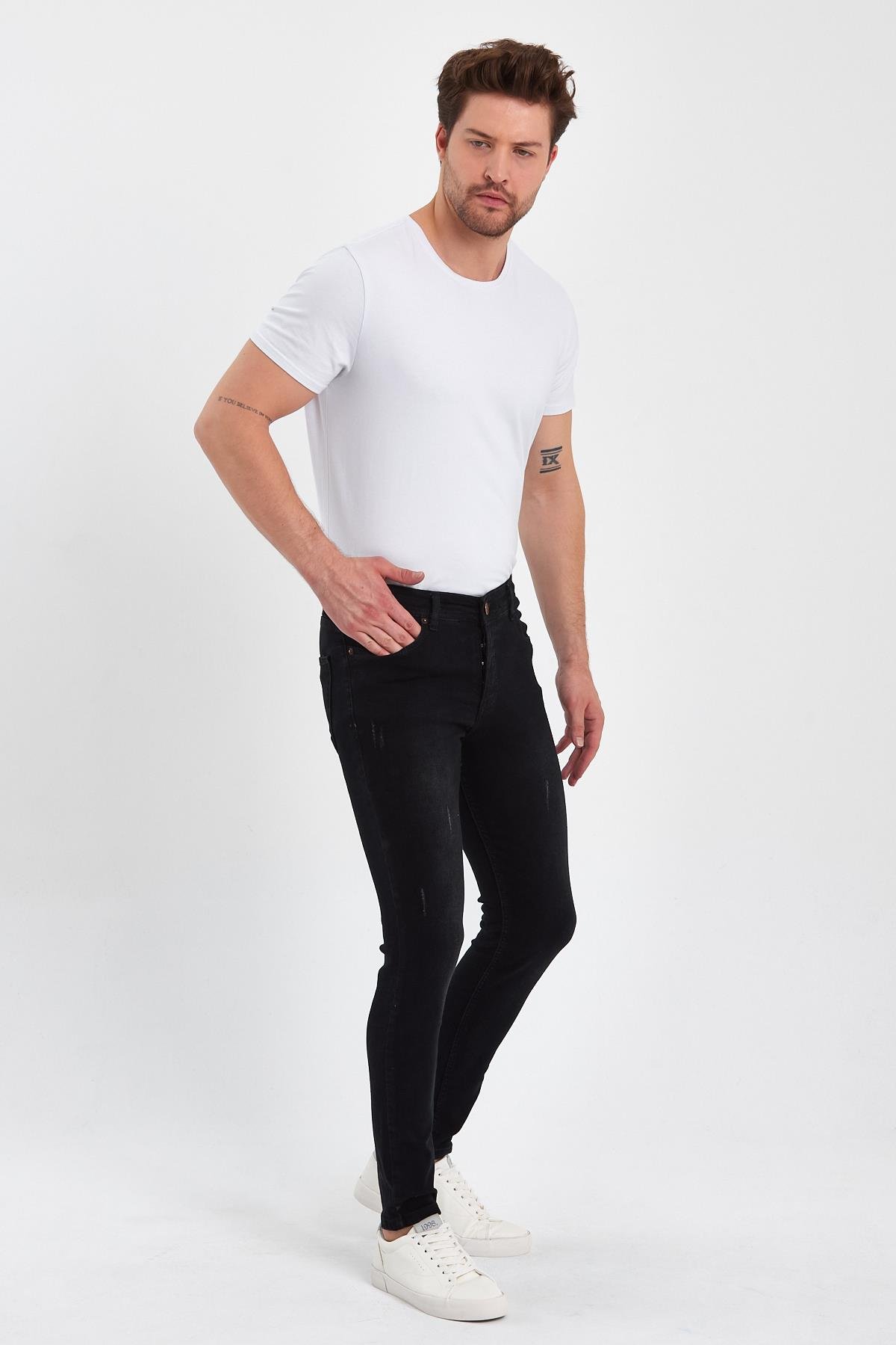 FİHA/GOYA-8859 ERKEK DÜĞMELİ TAŞLI TIRNAKLI SKİNNY JEANS - SİYAH 