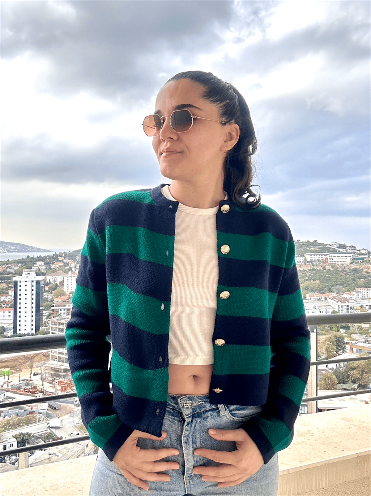 Çizgili Crop Hırka Petrol Yeşili Lacivert