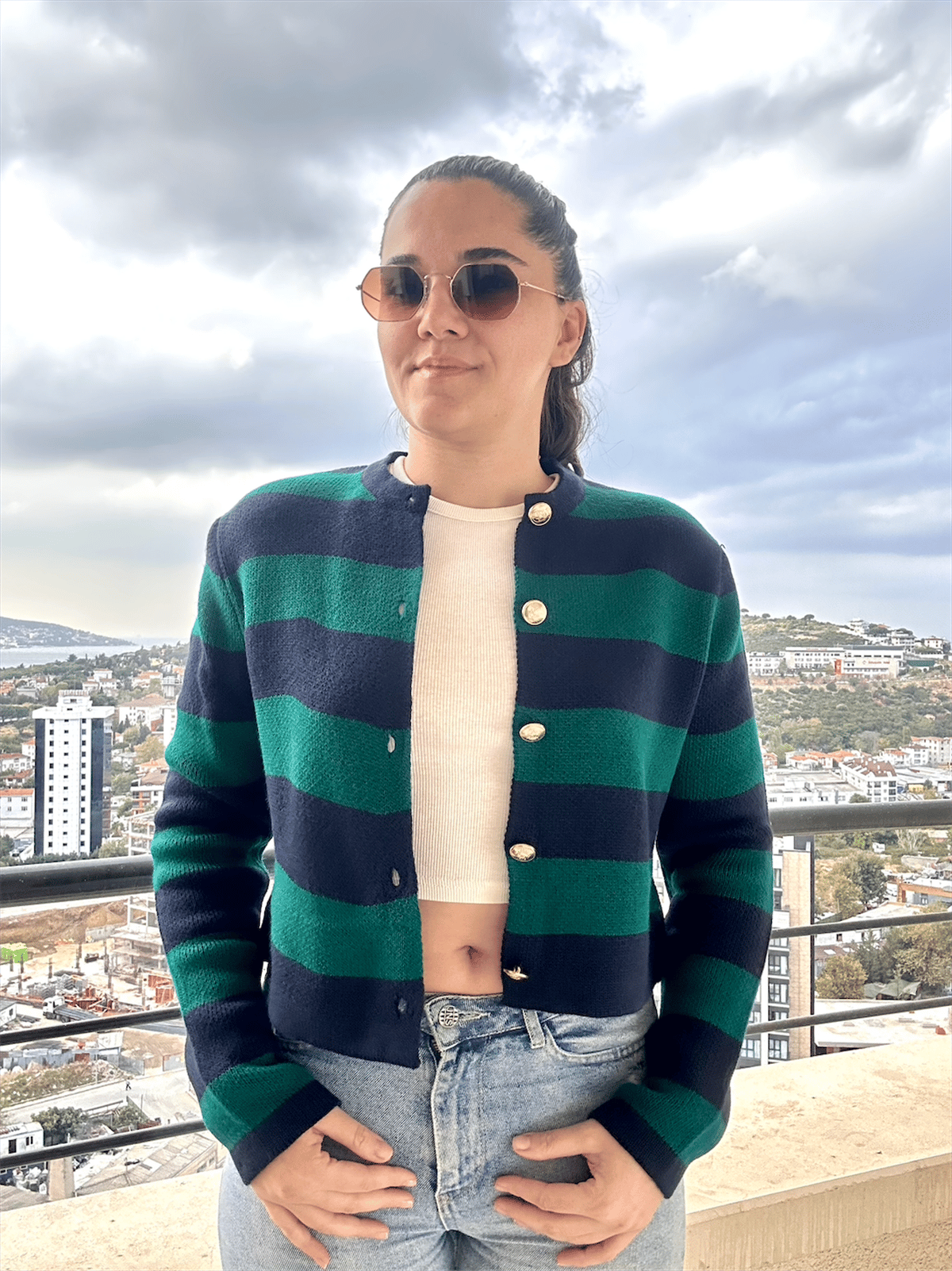 Çizgili Crop Hırka Petrol Yeşili Lacivert