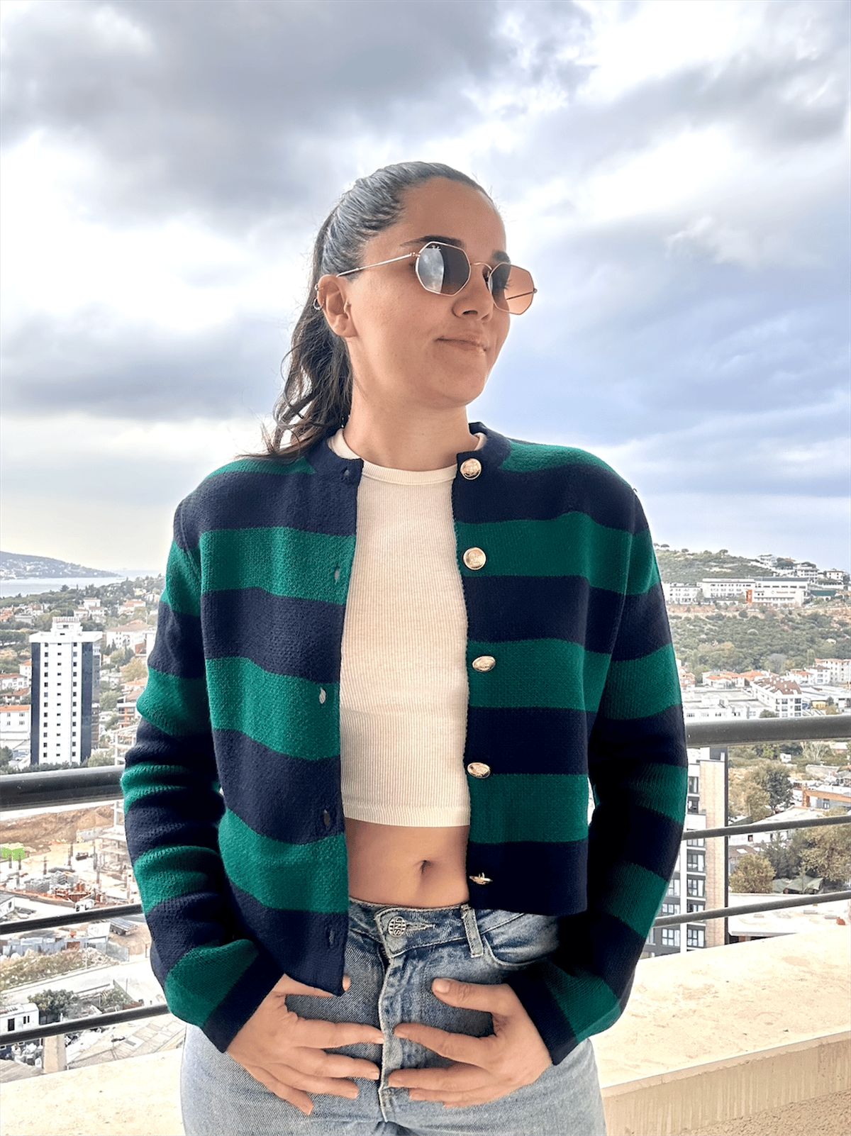 Çizgili Crop Hırka Petrol Yeşili Lacivert