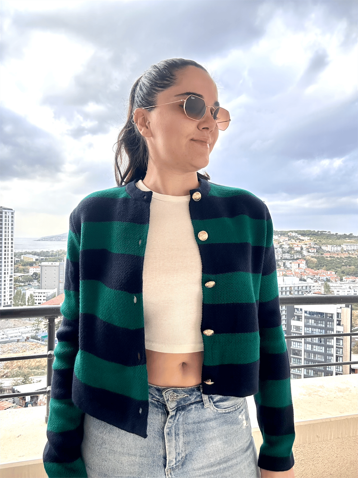 Çizgili Crop Hırka Petrol Yeşili Lacivert