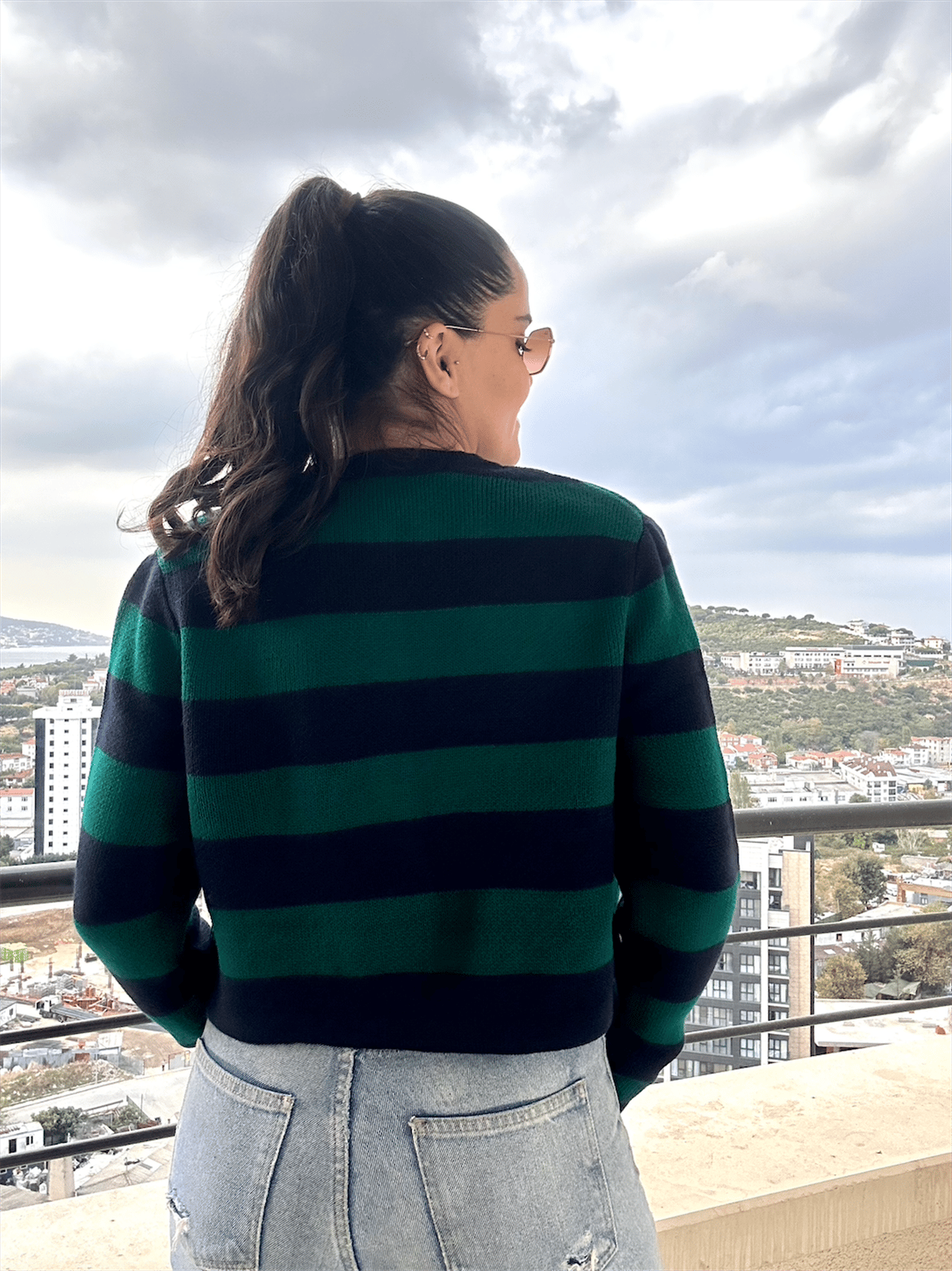 Çizgili Crop Hırka Petrol Yeşili Lacivert