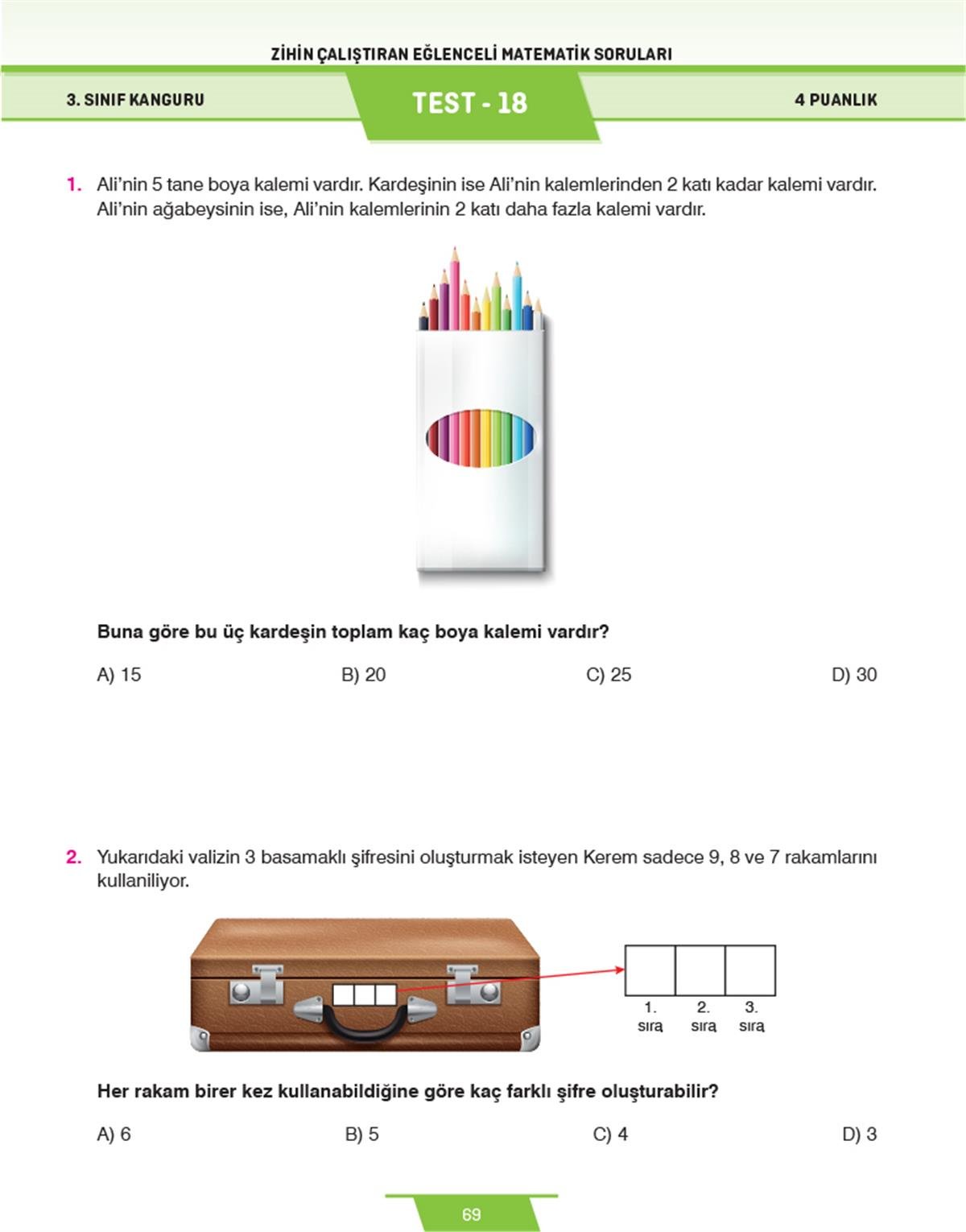 Dikkat Atölyesi  3. Sınıf Kanguru Eğlenceli Matematik Soruları