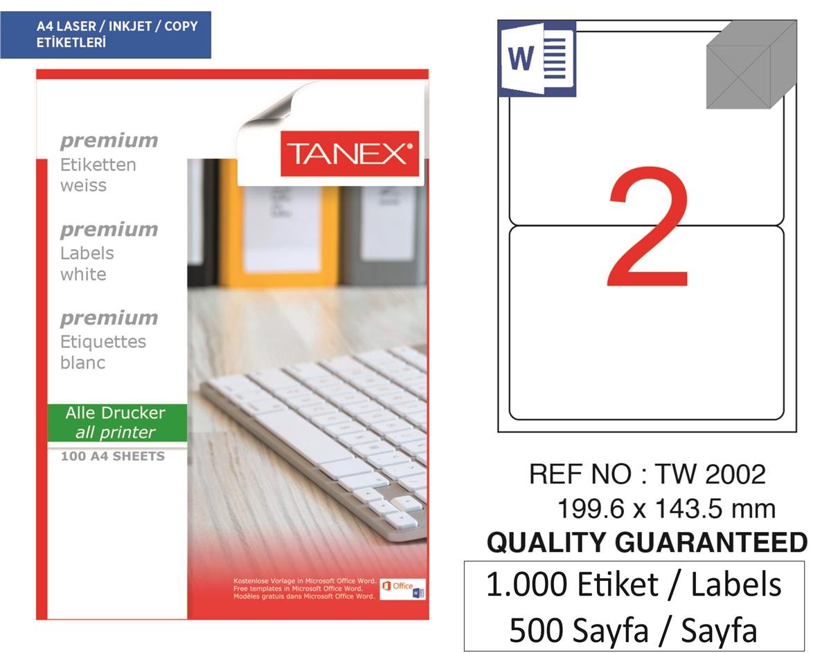 Tanex Lazer Etiket tw-2002 500 A4 Sayfa Laser Etiket 199,6 x 143,5 mm Boyutunda 1 A4 Sayfada 2 Etiket