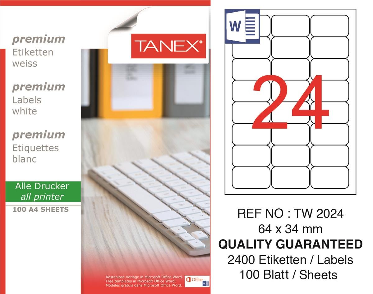 Tanex Lazer Etiket tw-2024 100 A4 Sayfa Laser Etiket 64x34 mm Boyutunda 1 A4 Sayfada 24 Etiket