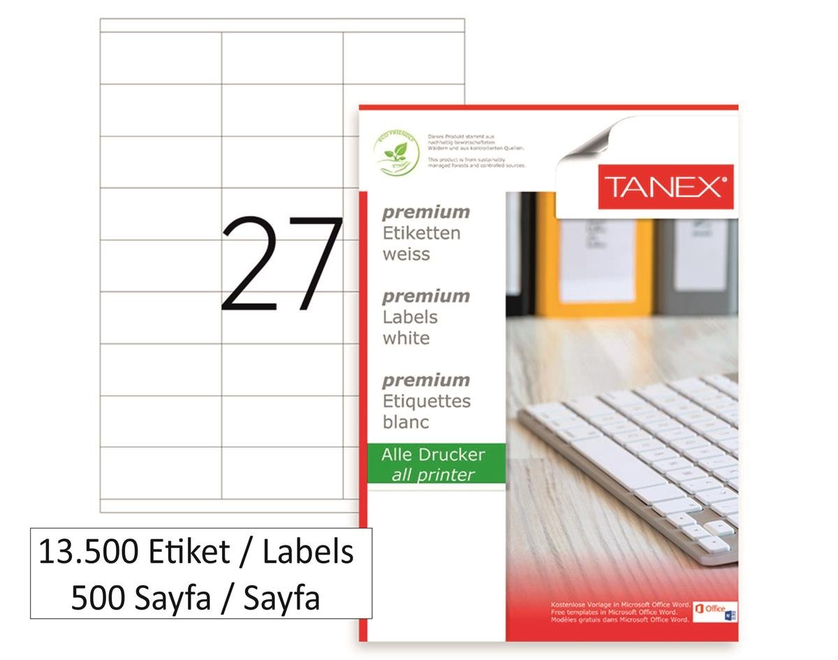 Tanex Lazer Etiket tw-2027 500 A4 Sayfa Laser Etiket 70X32,125 mm Boyutunda 1 A4 Sayfada 27 Etiket