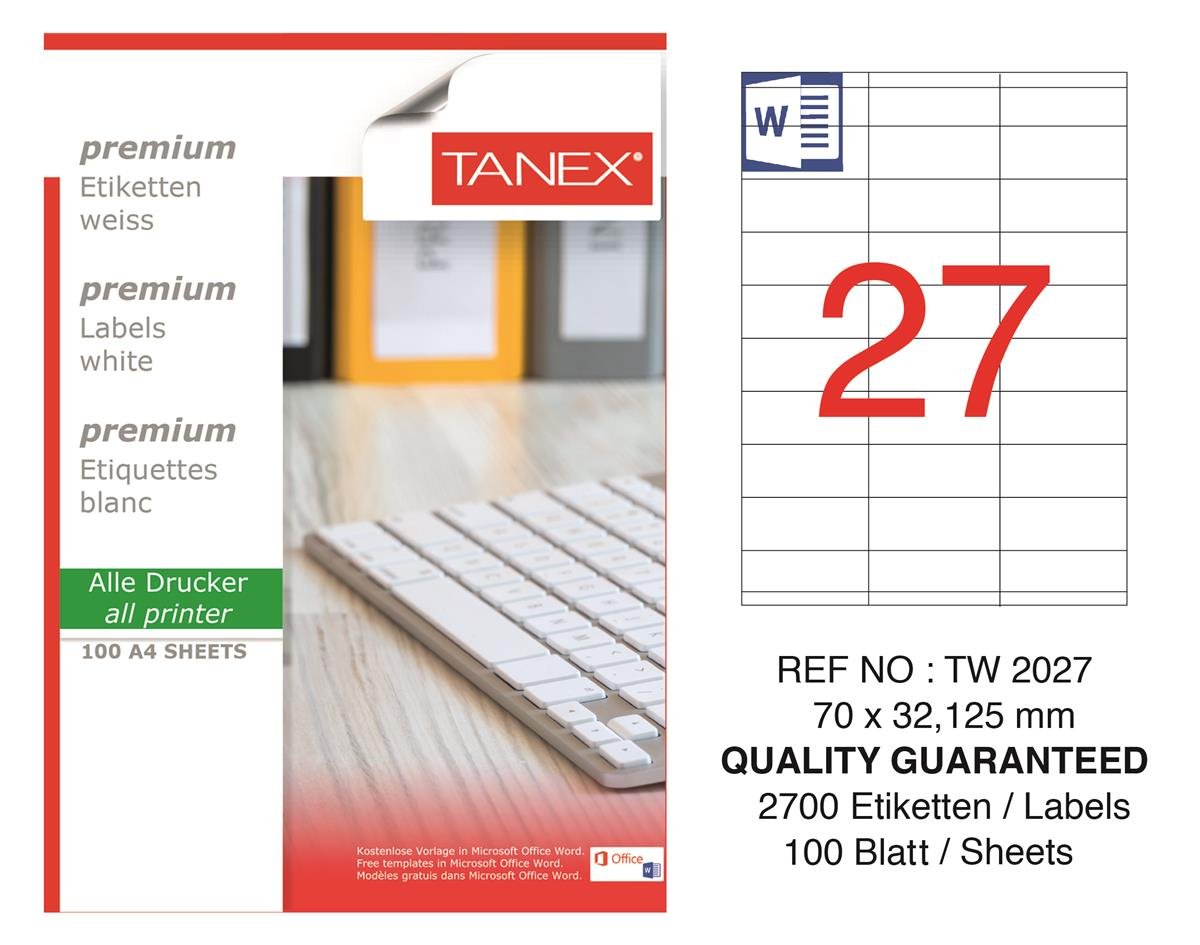 Tanex Lazer Etiket tw-2027 500 A4 Sayfa Laser Etiket 70X32,125 mm Boyutunda 1 A4 Sayfada 27 Etiket