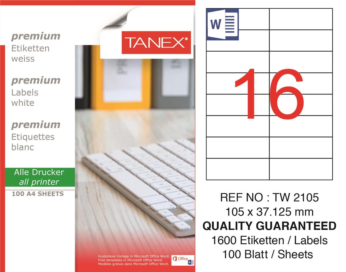 Tanex Lazer Etiket tw-2105 100 A4 Sayfa Laser Etiket 105 X 37 mm Boyutunda 1 A4 Sayfada 16 Etiket