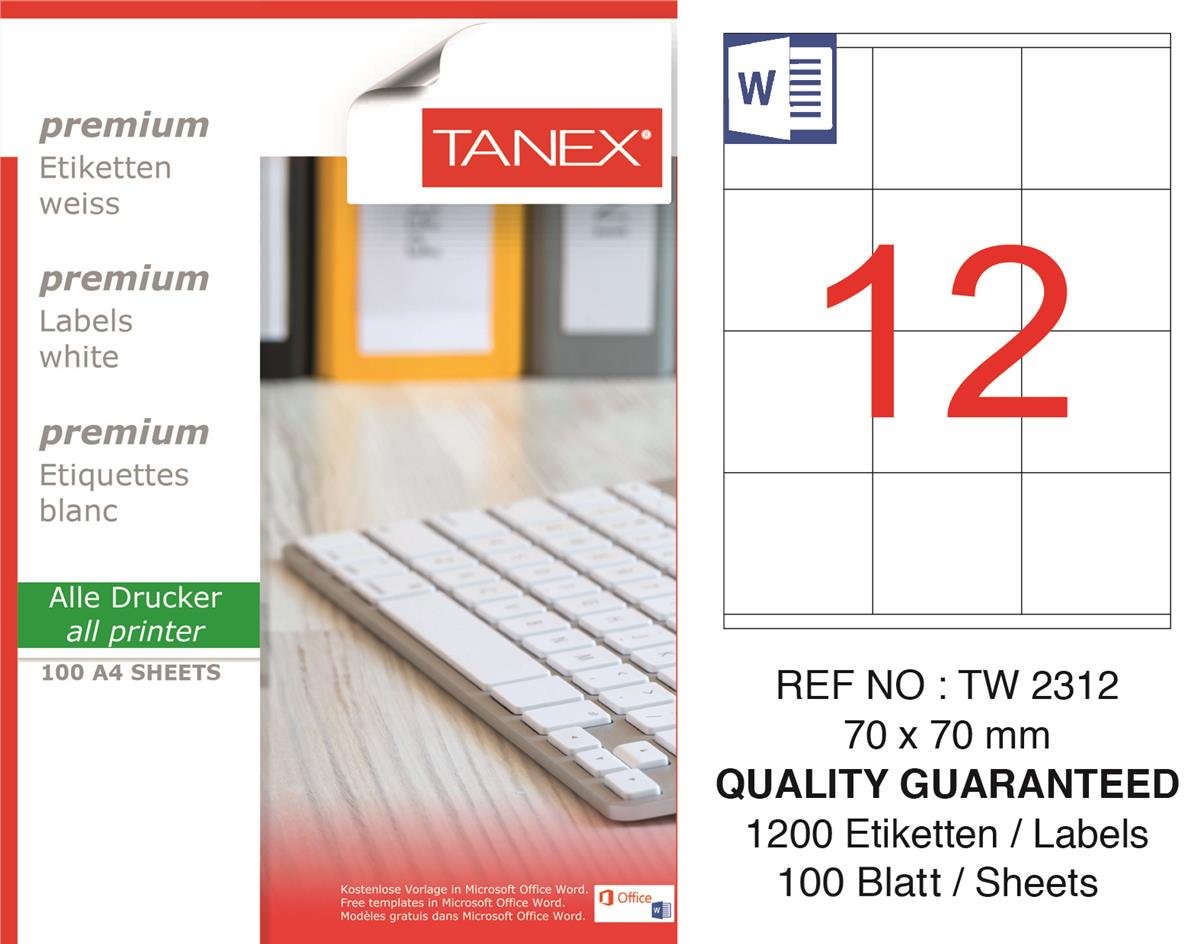 Tanex Lazer Etiket tw-2312 100 A4 Sayfa Laser Etiket 70 X 70 mm Boyutunda 1 A4 Sayfada 12 Etiket
