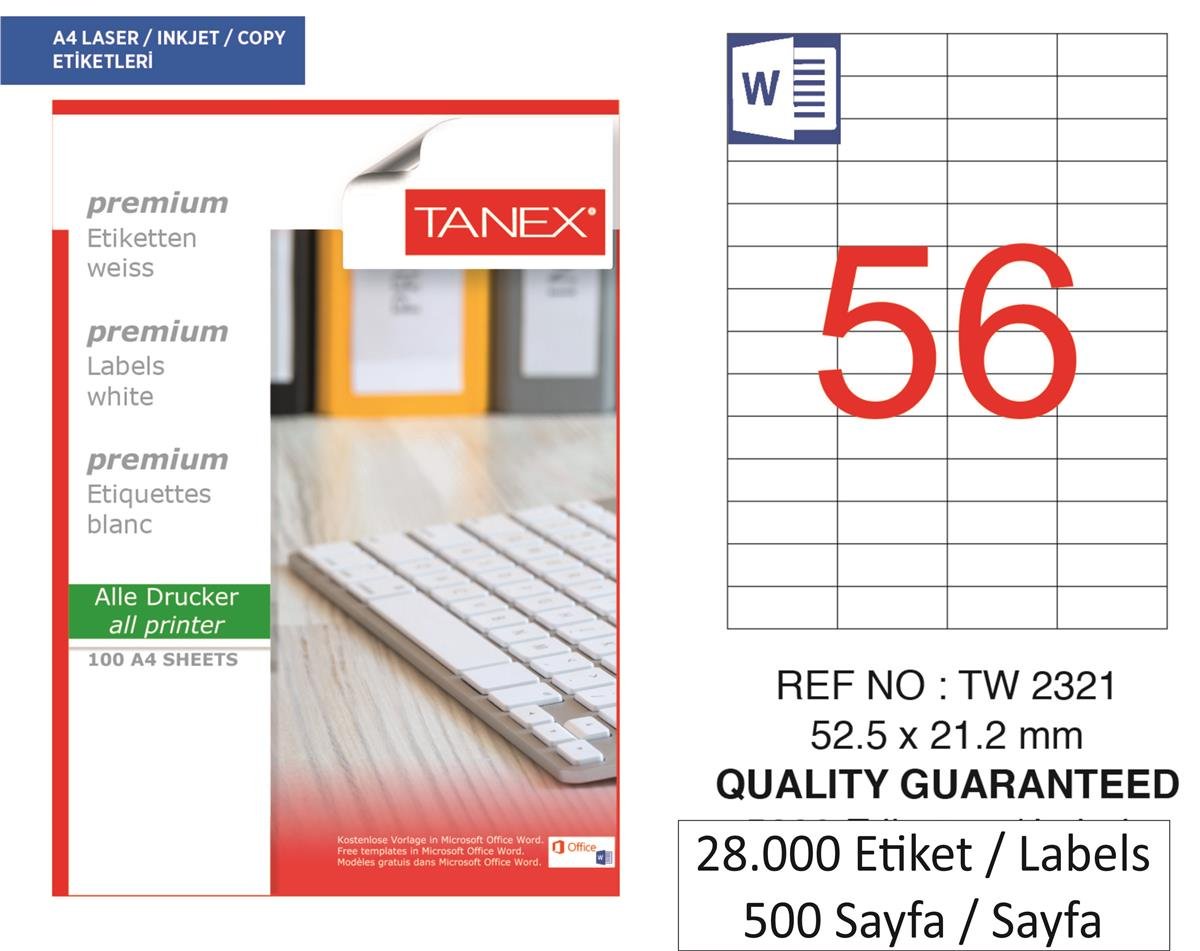 Tanex Lazer Etiket Tw-2321 500 A4 Sayfa Laser Etiket 52.5 x 21.2 mm Boyutunda 1 A4 Sayfada 56 Etiket