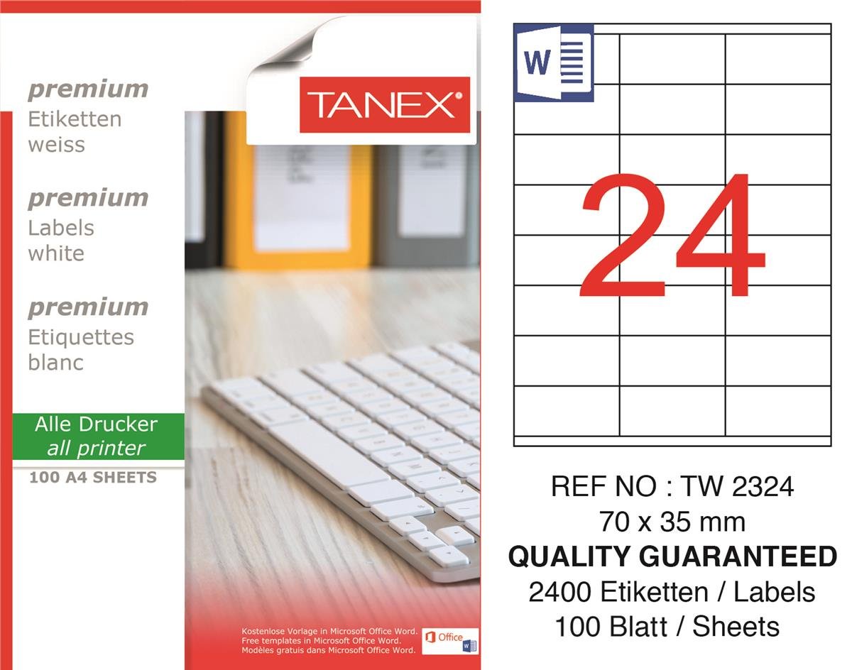 Tanex Lazer Etiket tw-2324 100 A4 Sayfa Laser Etiket 70 x 35 mm Boyutunda 1 A4 Sayfada 24 Etiket