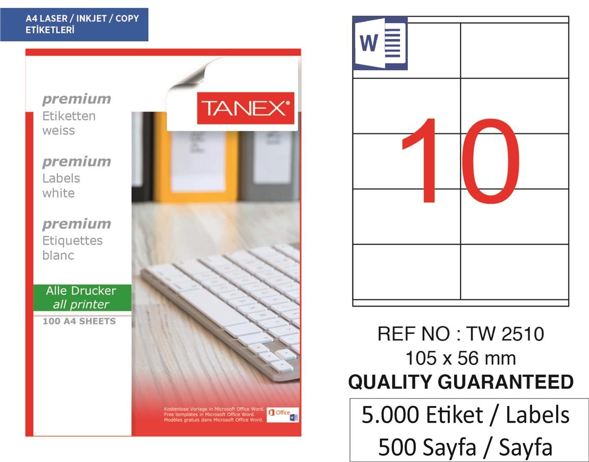Tanex Lazer Etiket tw-2510 500 A4 Sayfa Laser Etiket 105 x 56 mm Boyutunda 1 A4 Sayfada 10 Etiket.