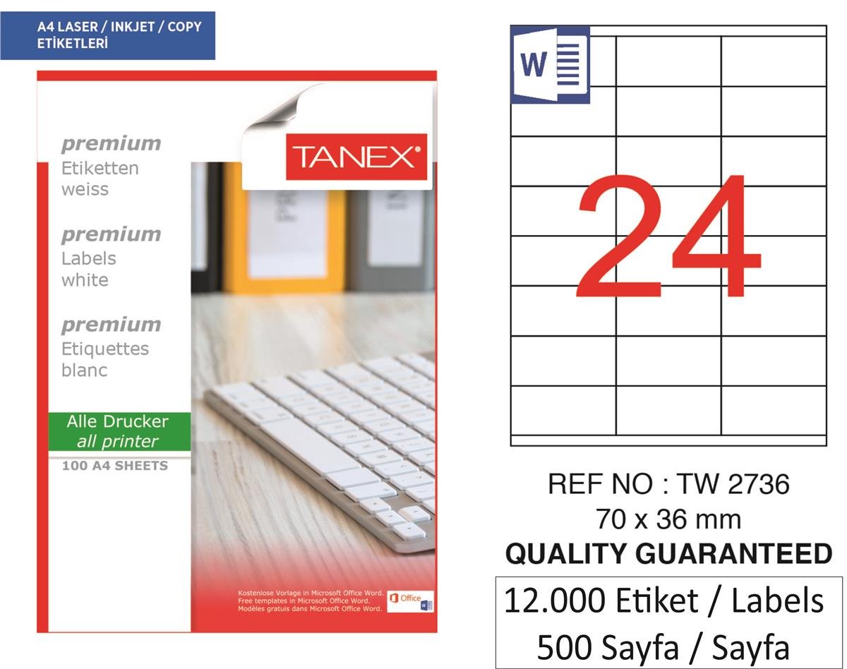 Tanex Lazer Etiket tw-2736 500 A4 Sayfa Laser Etiket 70 x 36 mm Boyutunda 1 A4 Sayfada 24 Etiket