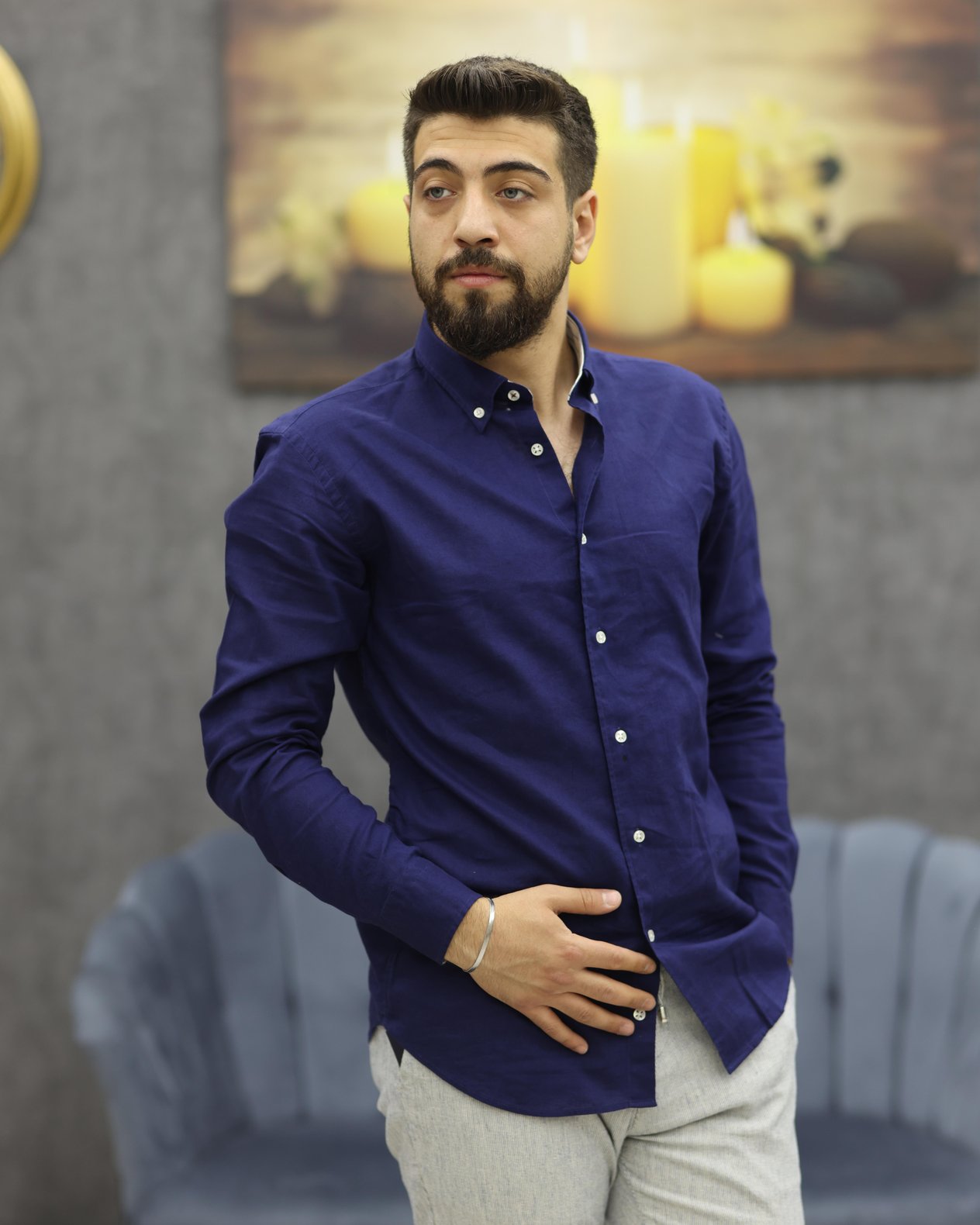 GUARES LİNEN KETEN U.KOL GÖMLEK(LACİVERT)
