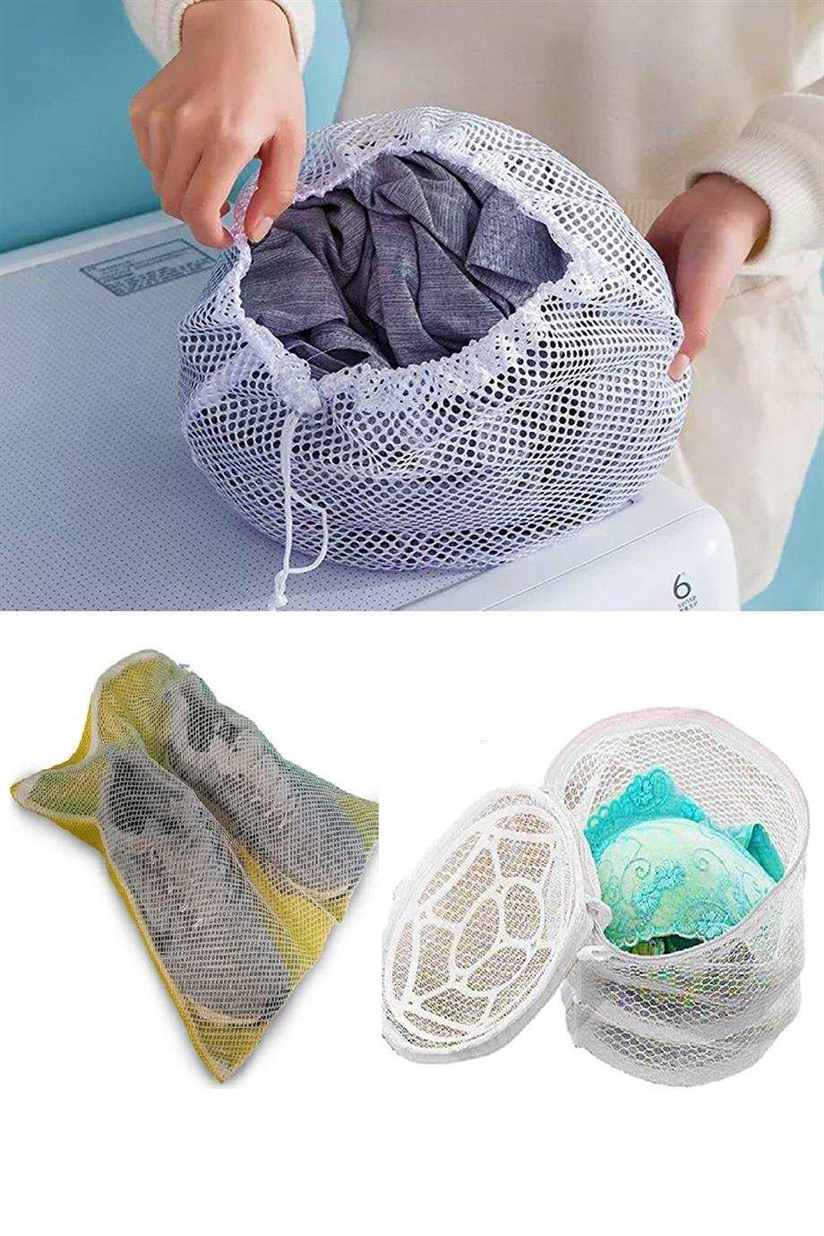 3 Yıkama File Seti - Ayakkabı Filesi-Plastik Aparatlı Sütyen Yıkama- Çamaşır Yıkama Filesi