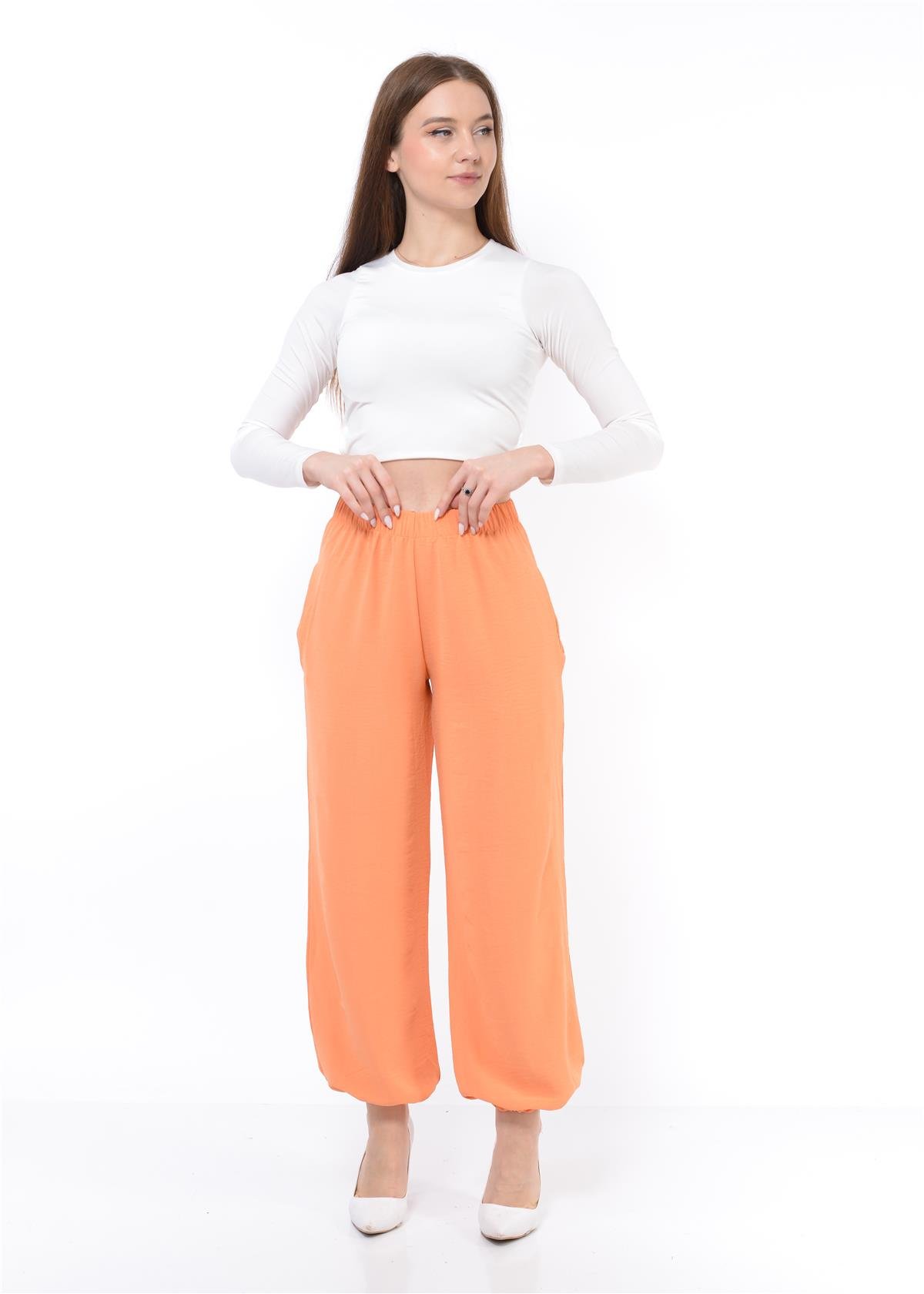 Kadın Beli Lastikli Şalvar Pantolon Oranj