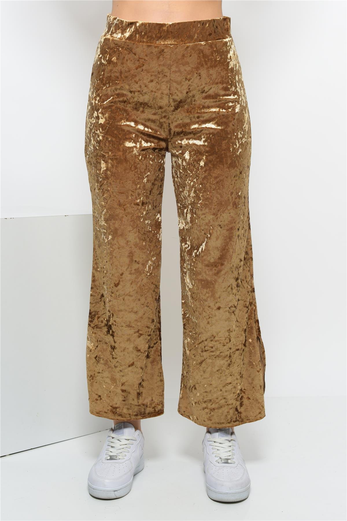 Kadın Beli Lastikli Yandan Yırtmaçlı Janjanlı Kadife Pantolon Gold