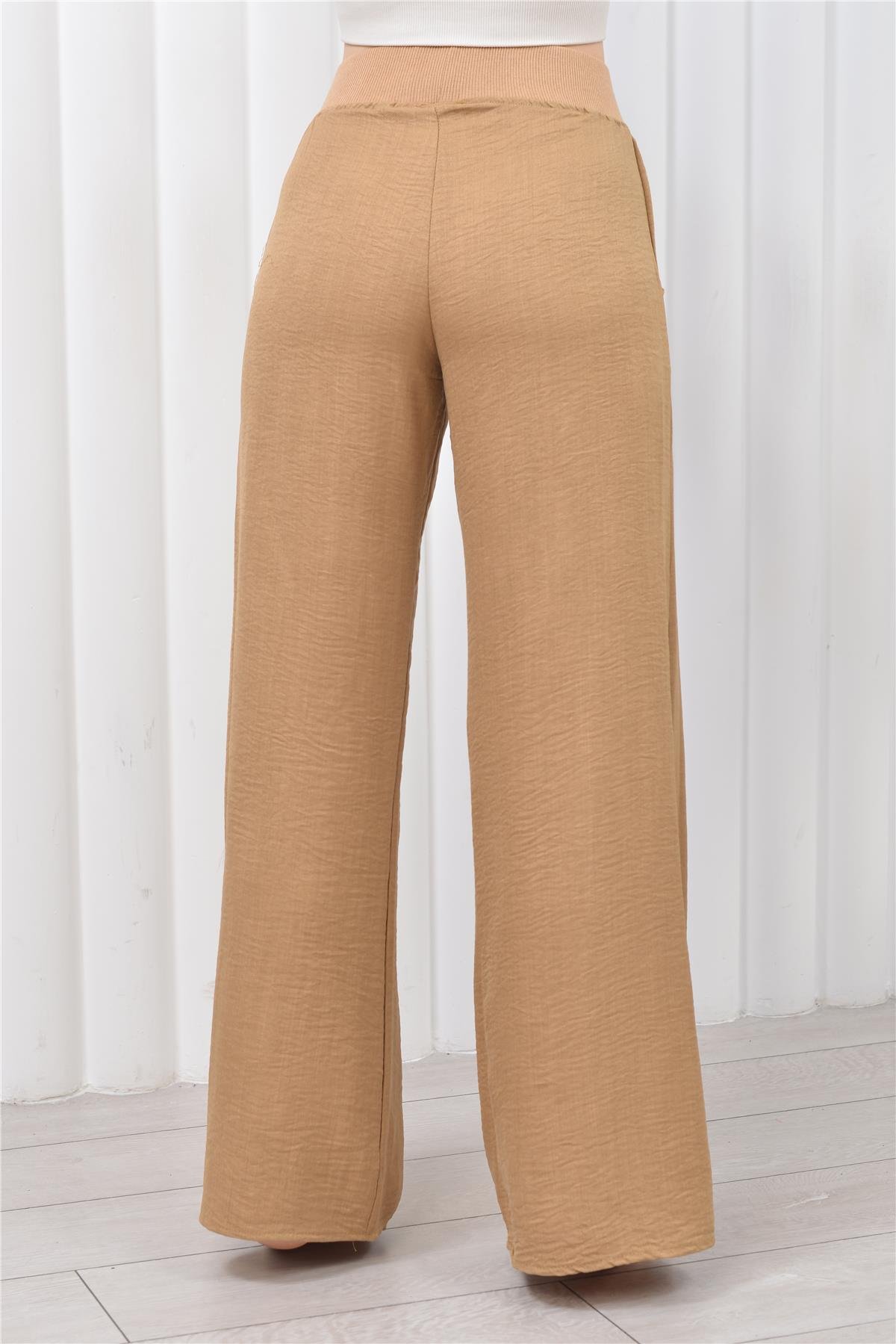 Kadın Keten Beli Lastikli Cepli Pantolon Açık Kahve