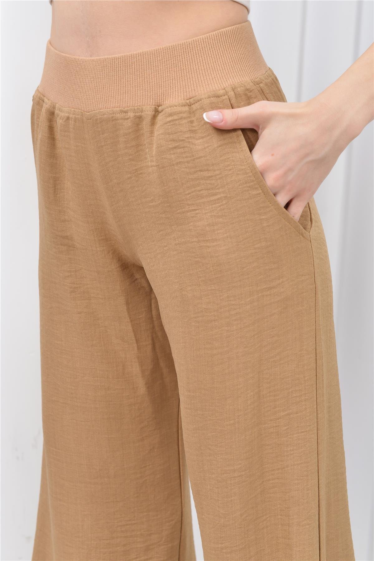 Kadın Keten Beli Lastikli Cepli Pantolon Açık Kahve