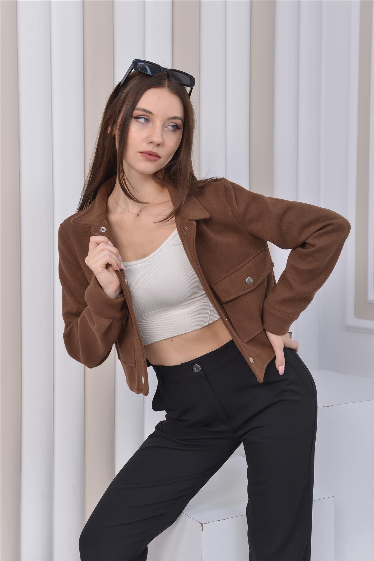 Yeni Sezon Crop Model Kaşe Ceket Kahverengi